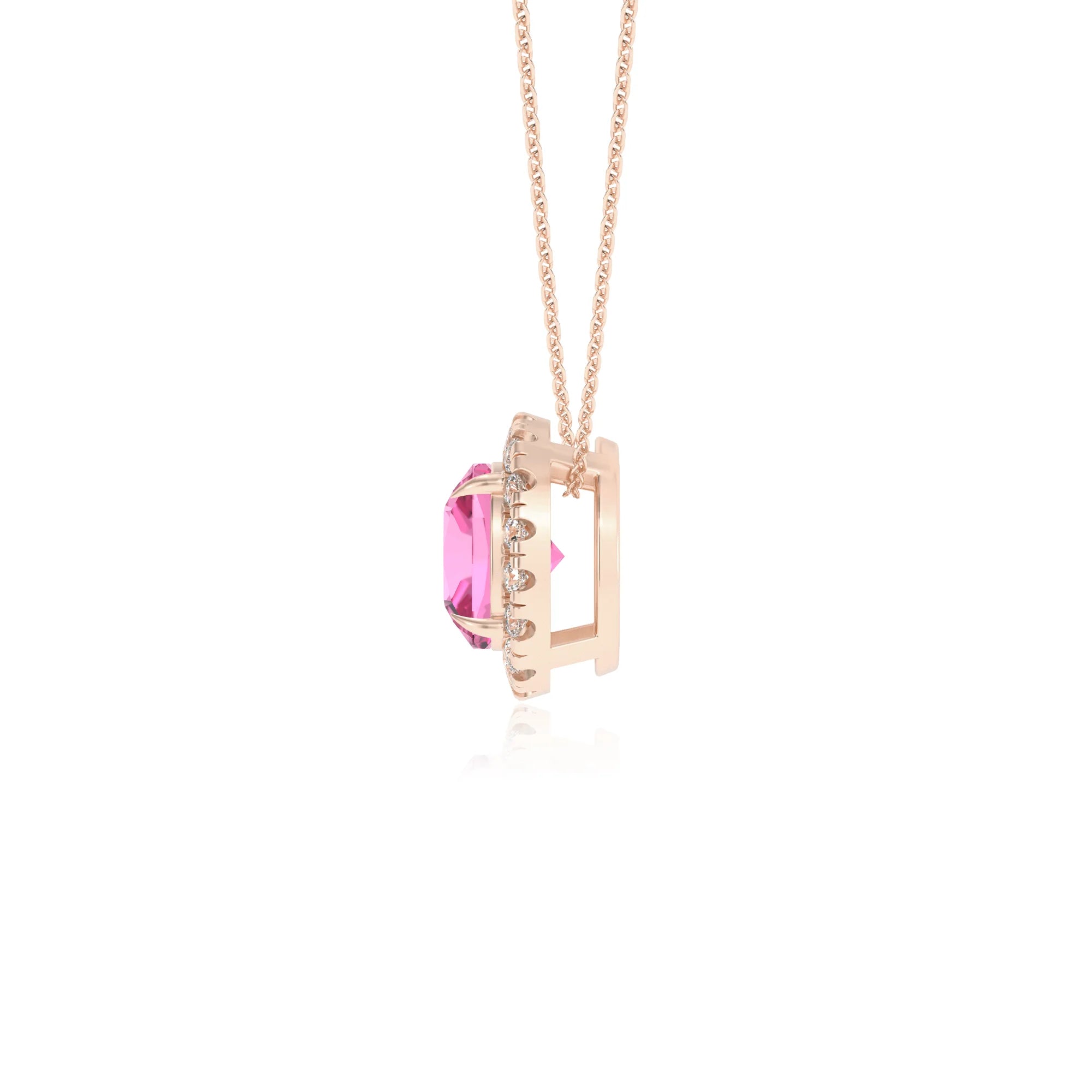 lab grown pink sapphire cushion solitaire necklaces in rose gold 
