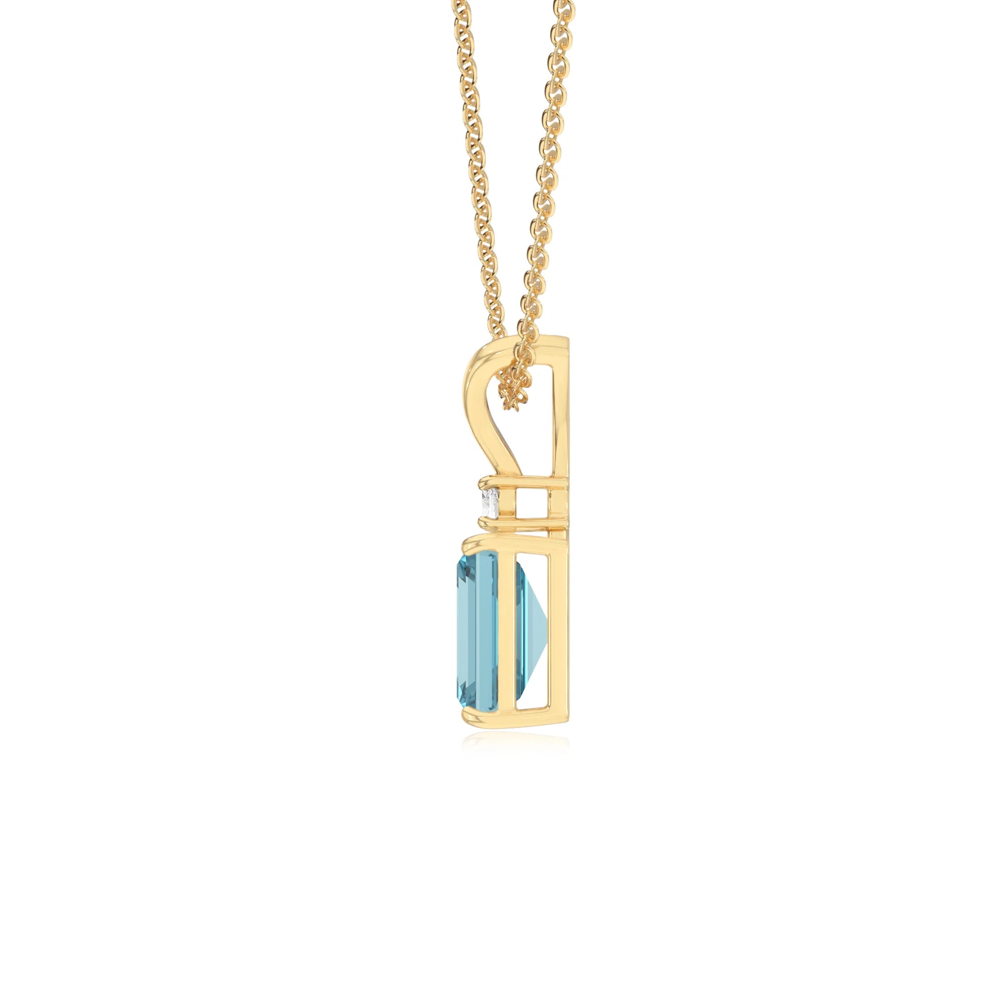 lab grown aquamarine emerald cut solitaire v-bale necklaces in yellow gold 