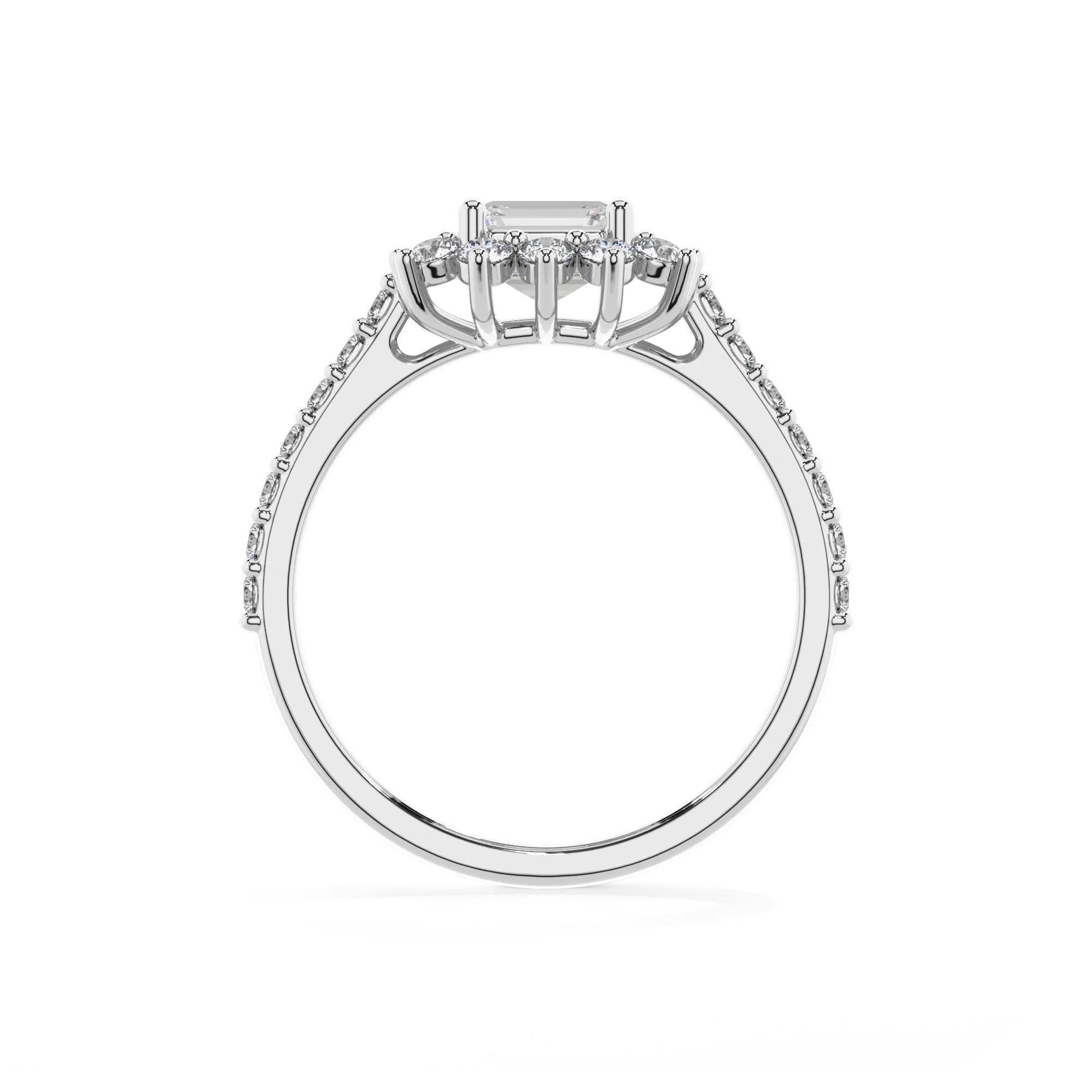lab grown moissanite emerald cut solitaire rings in white gold 