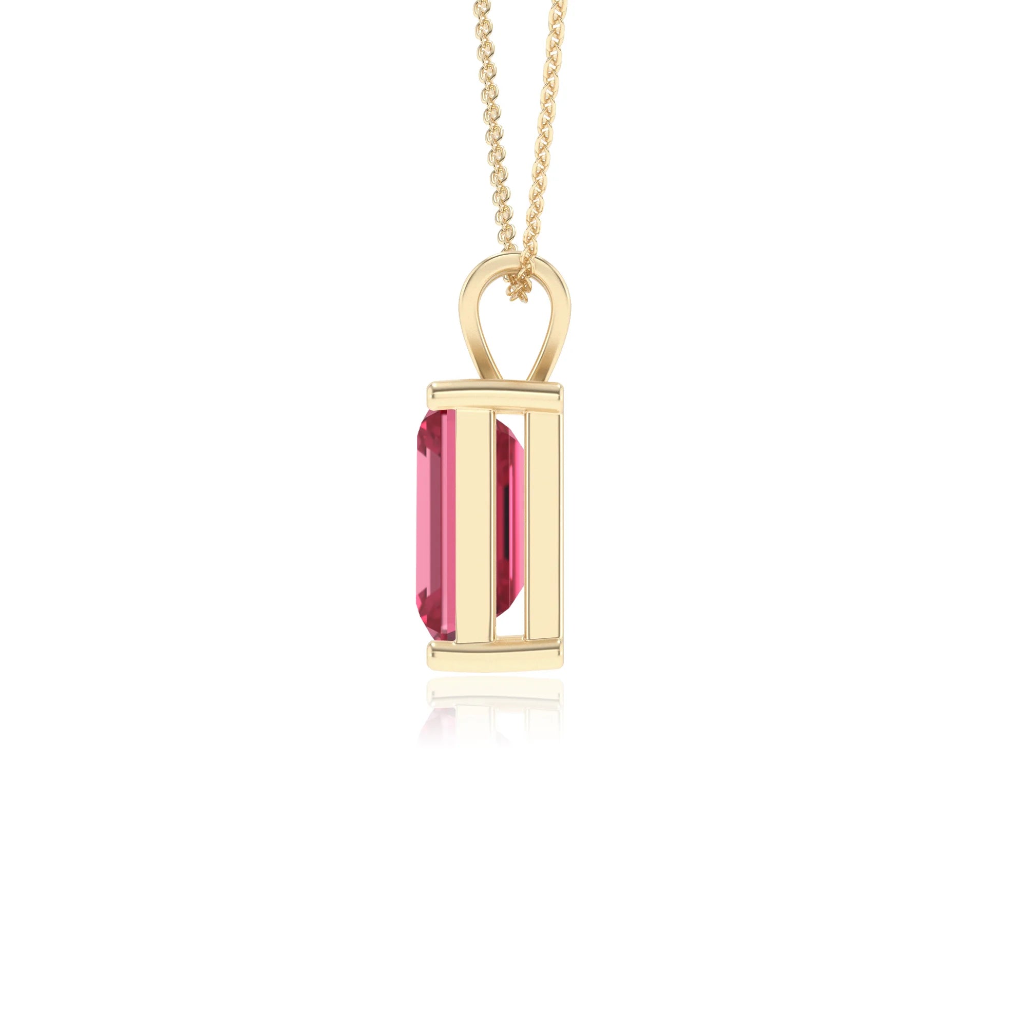 lab grown pink-tourmaline emerald cut solitaire v-bale necklaces in yellow gold 