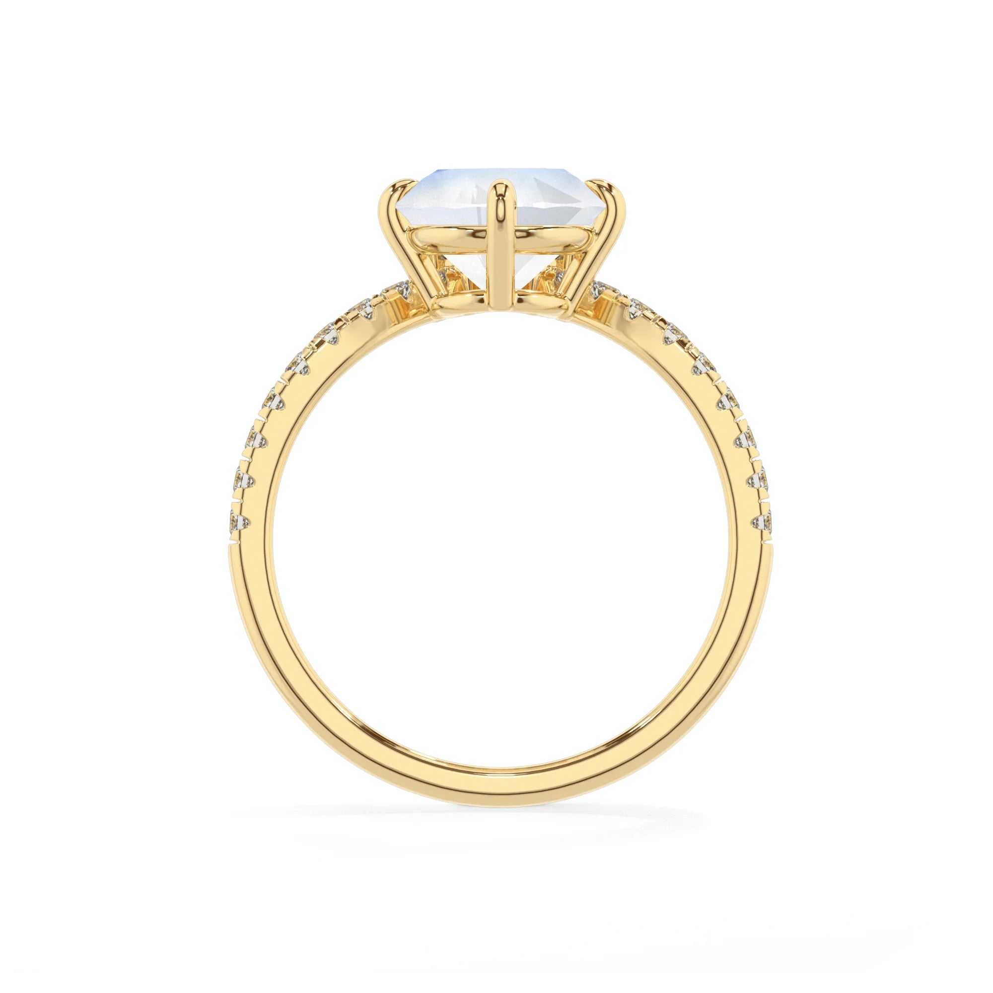 natural rainbow-moonstone round solitaire rings in yellow gold 
