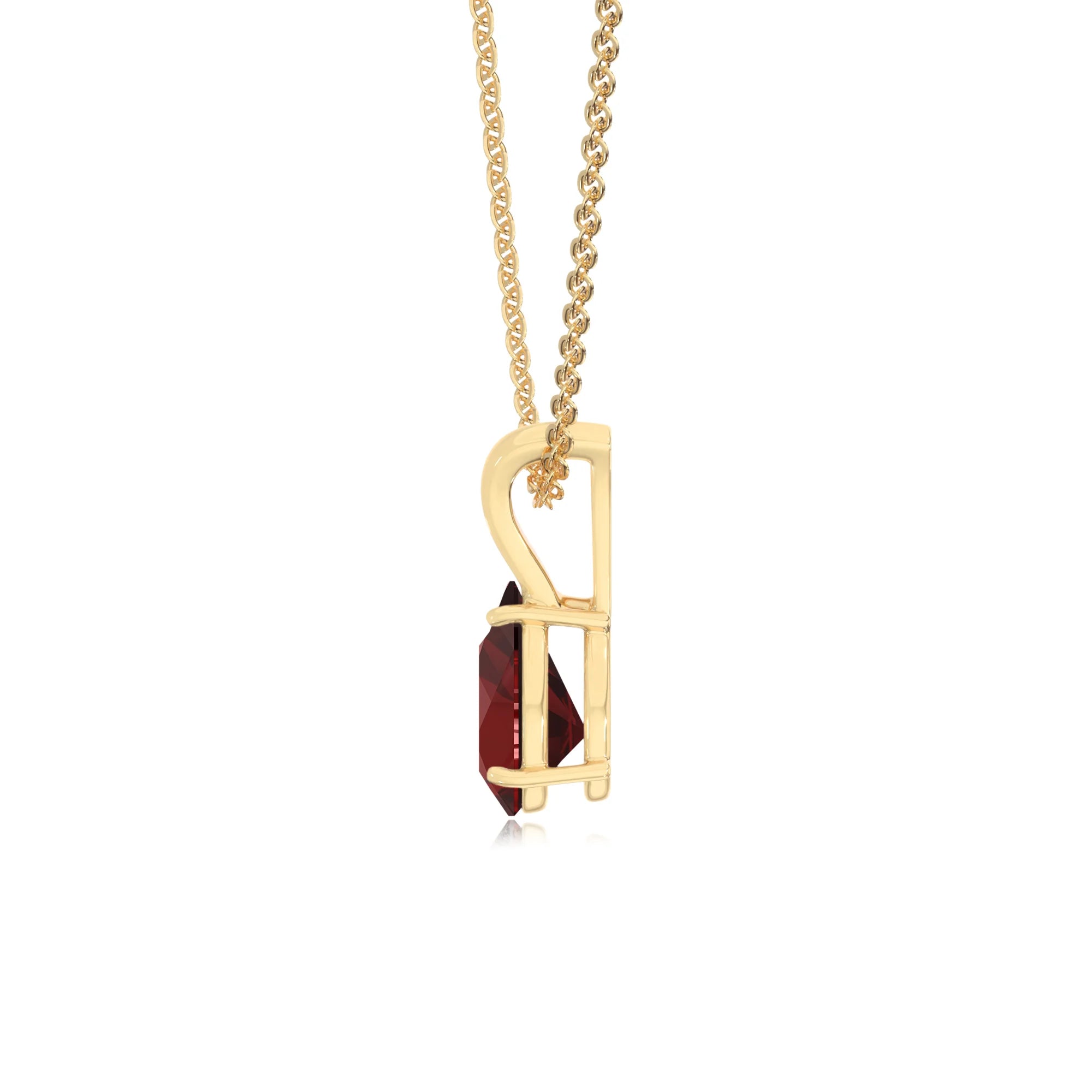 natural garnet pear solitaire v-bale necklaces in yellow gold 