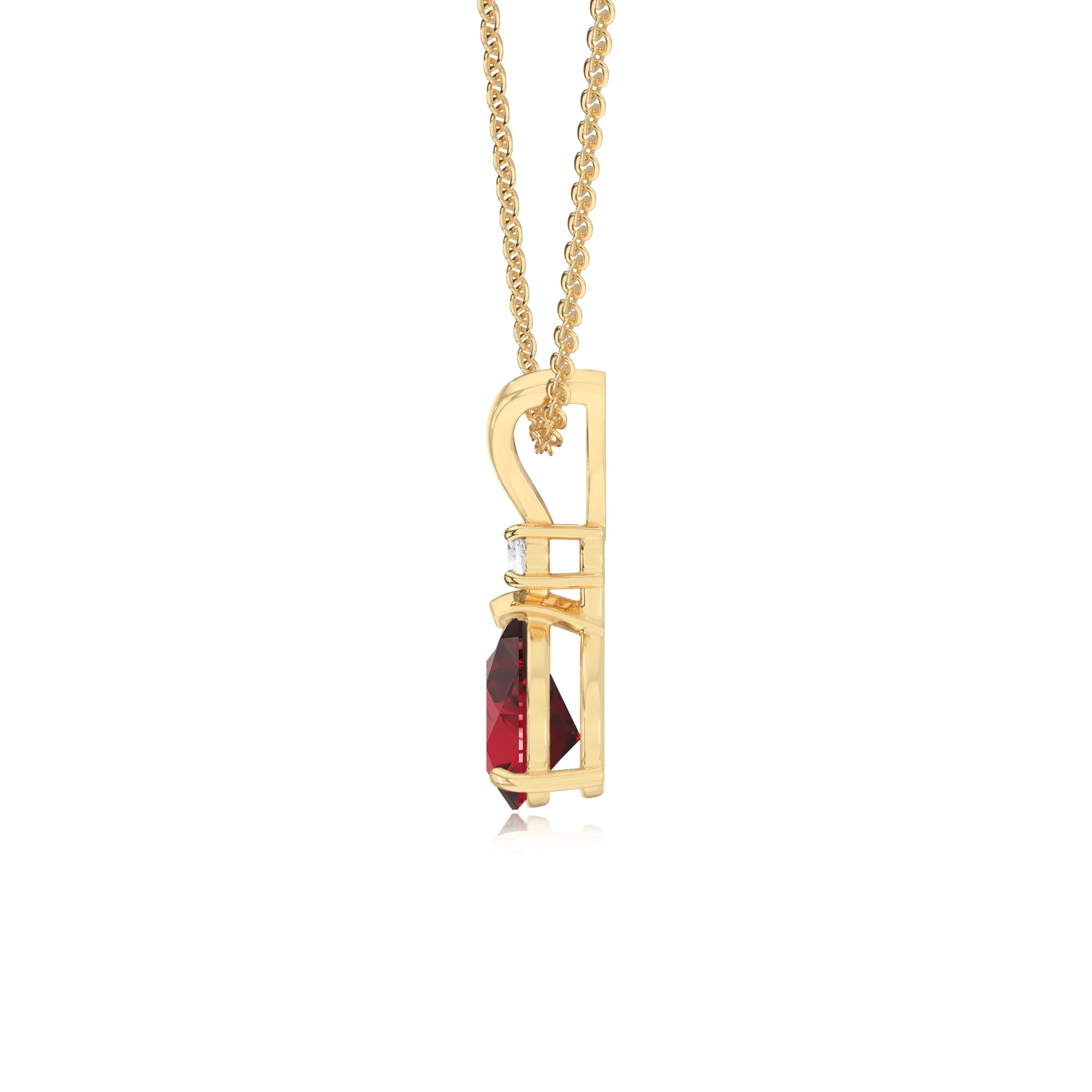 lab grown ruby pear solitaire v-bale necklaces in yellow gold 