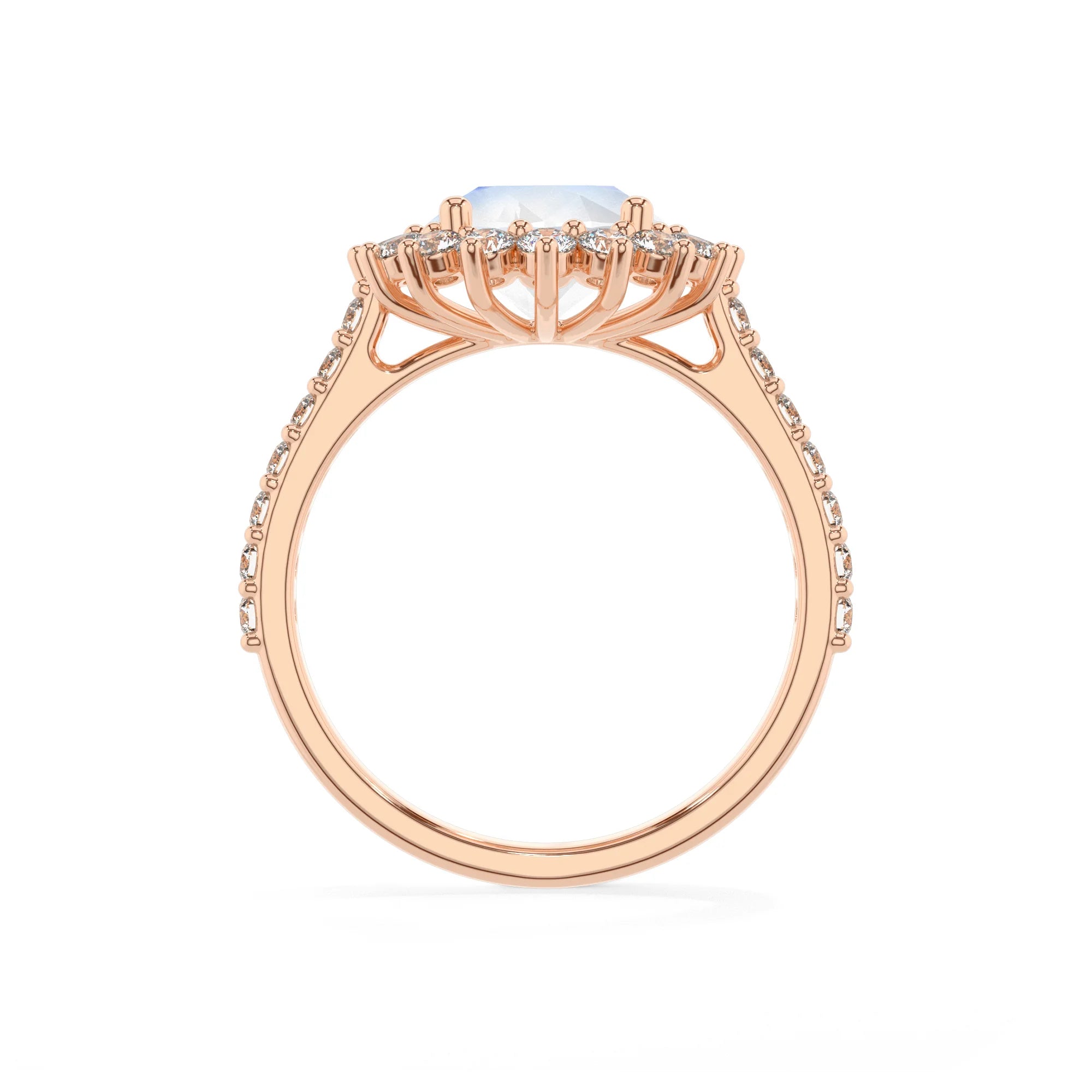 natural rainbow-moonstone round solitaire rings in rose gold 