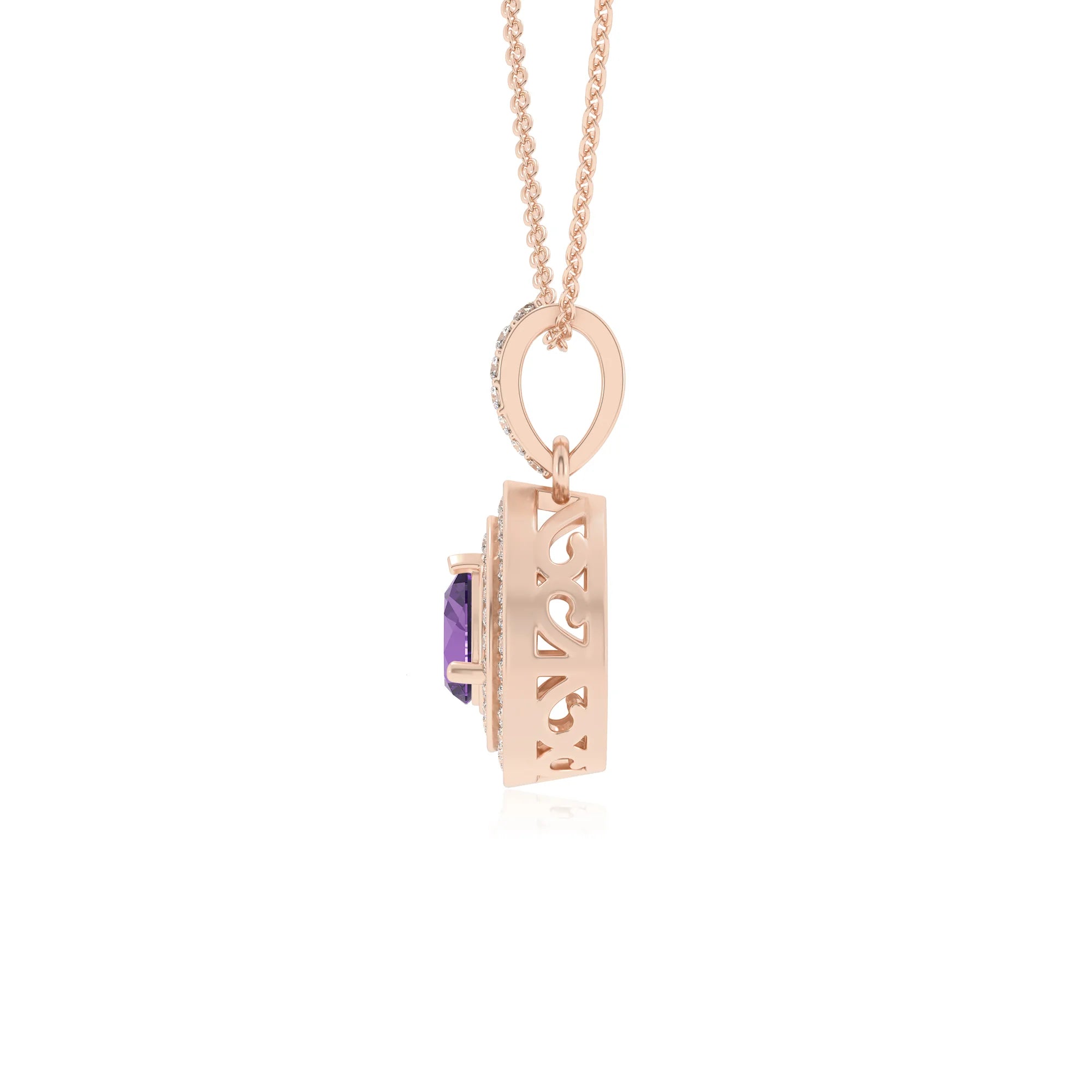 lab grown amethyst pear halo necklaces in rose gold 