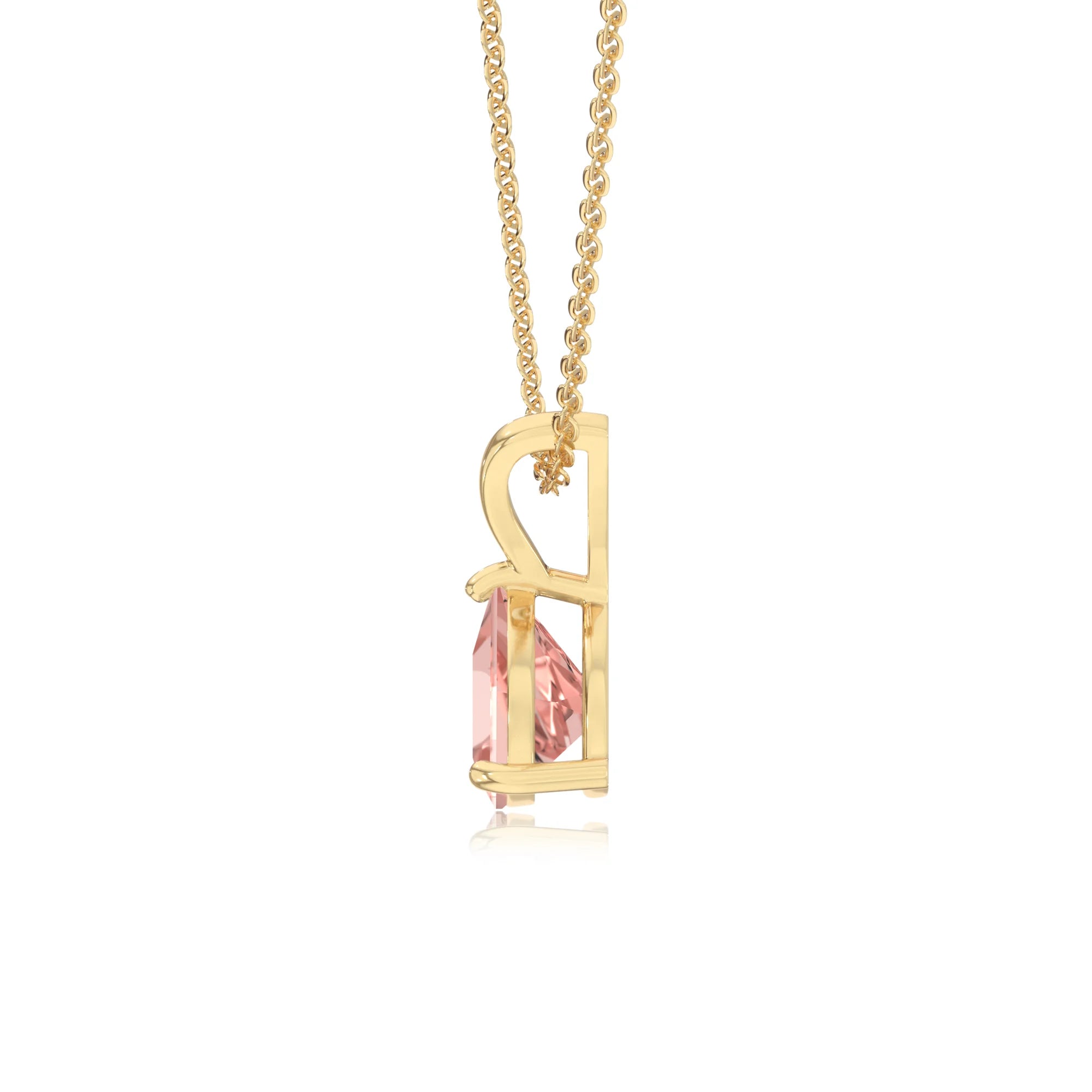 lab grown morganite trillion solitaire v-bale necklaces in yellow gold 