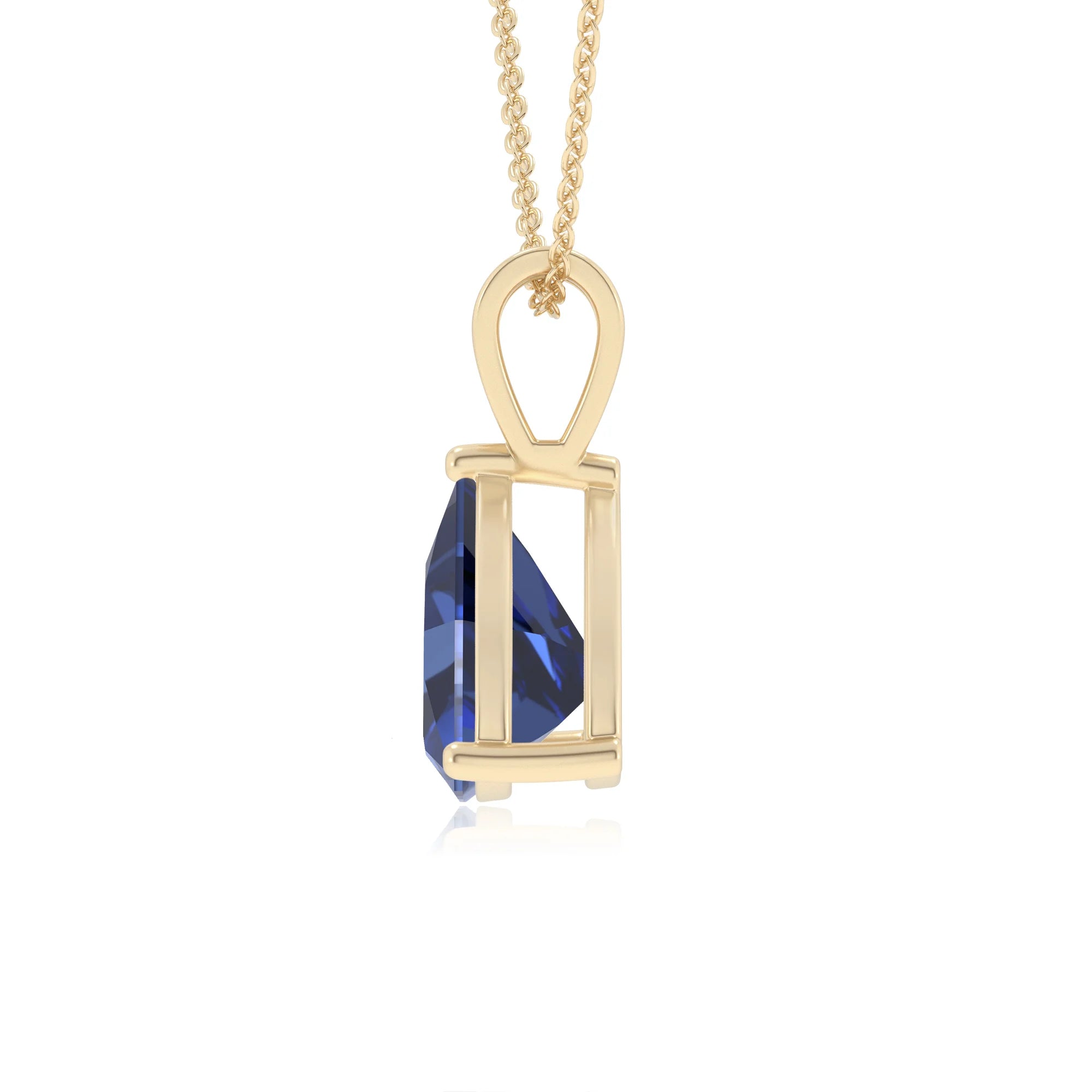 lab grown blue-sapphire trillion solitaire v-bale necklaces in yellow gold 