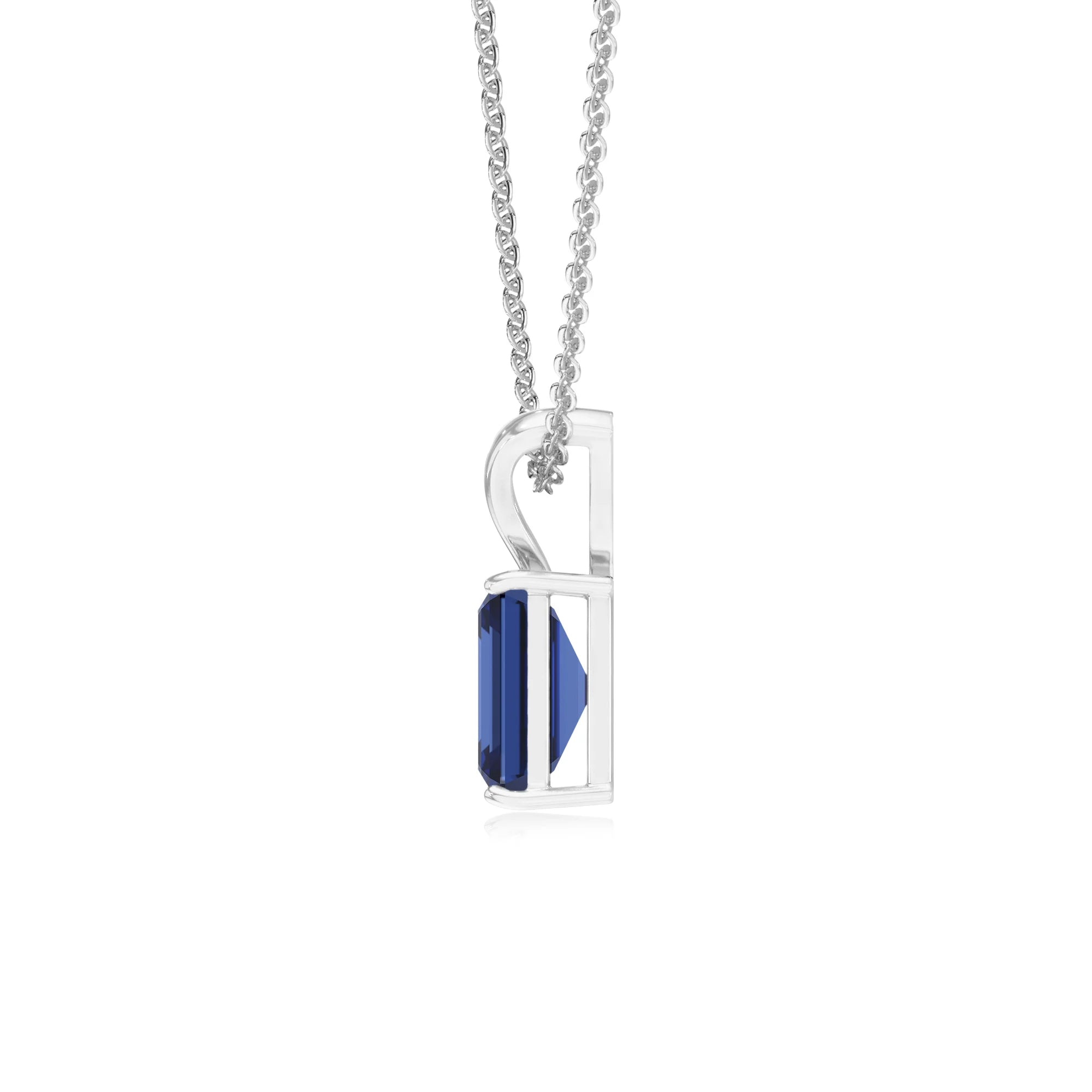 lab grown blue-sapphire emerald cut solitaire v-bale necklaces in platinum 
