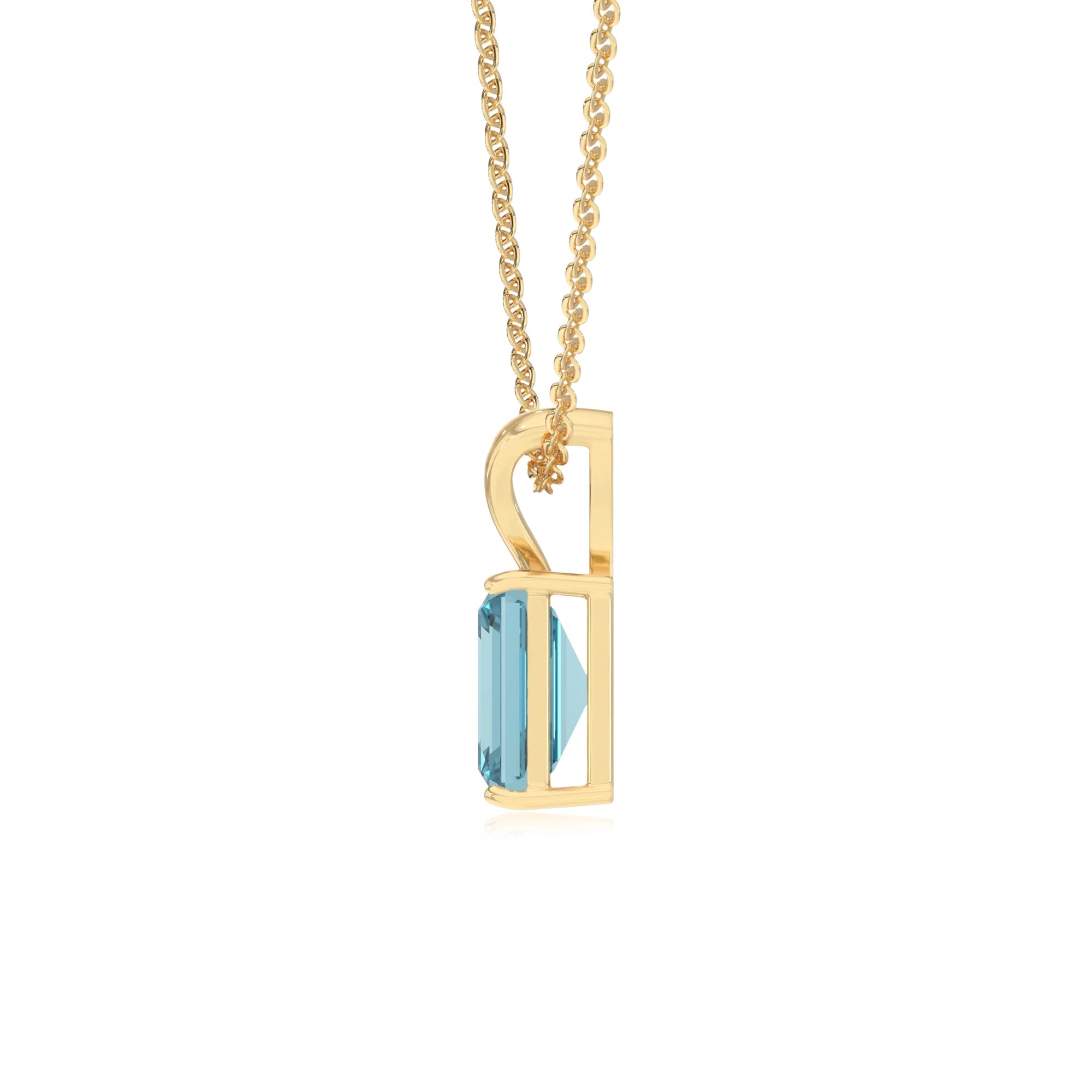 lab grown aquamarine emerald cut solitaire v-bale necklaces in yellow gold 