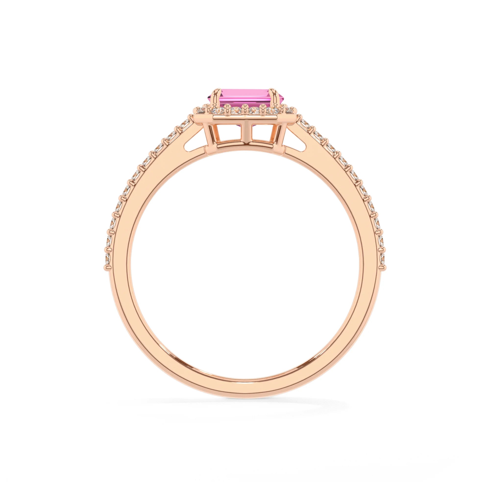 lab grown pink-sapphire emerald cut solitaire rings in rose gold 