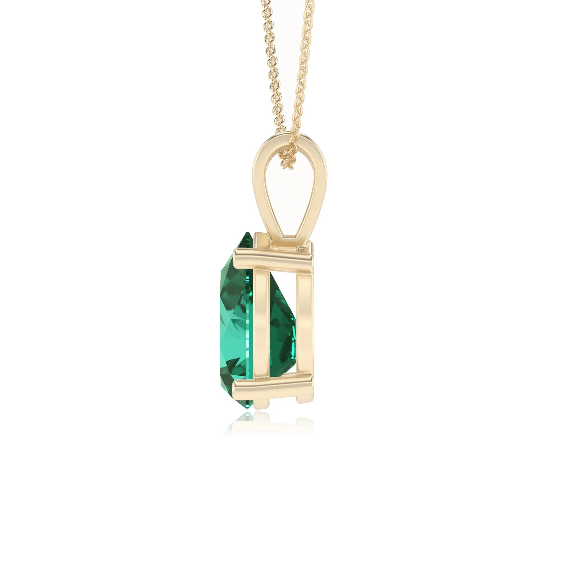 lab grown emerald pear solitaire v-bale necklaces in yellow gold 