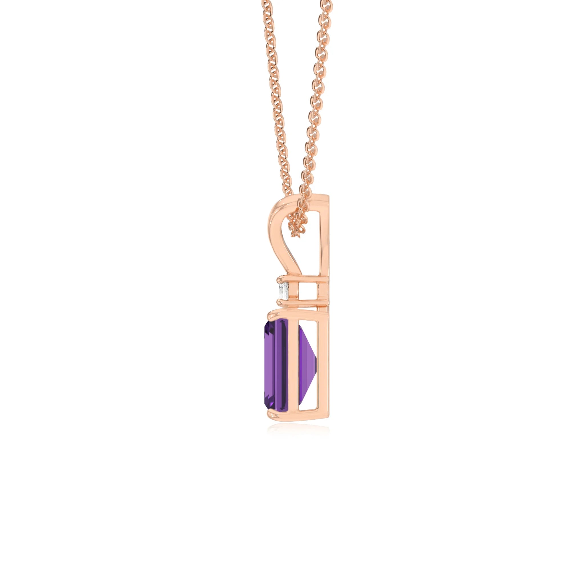 lab grown amethyst emerald cut solitaire v-bale necklaces in rose gold 