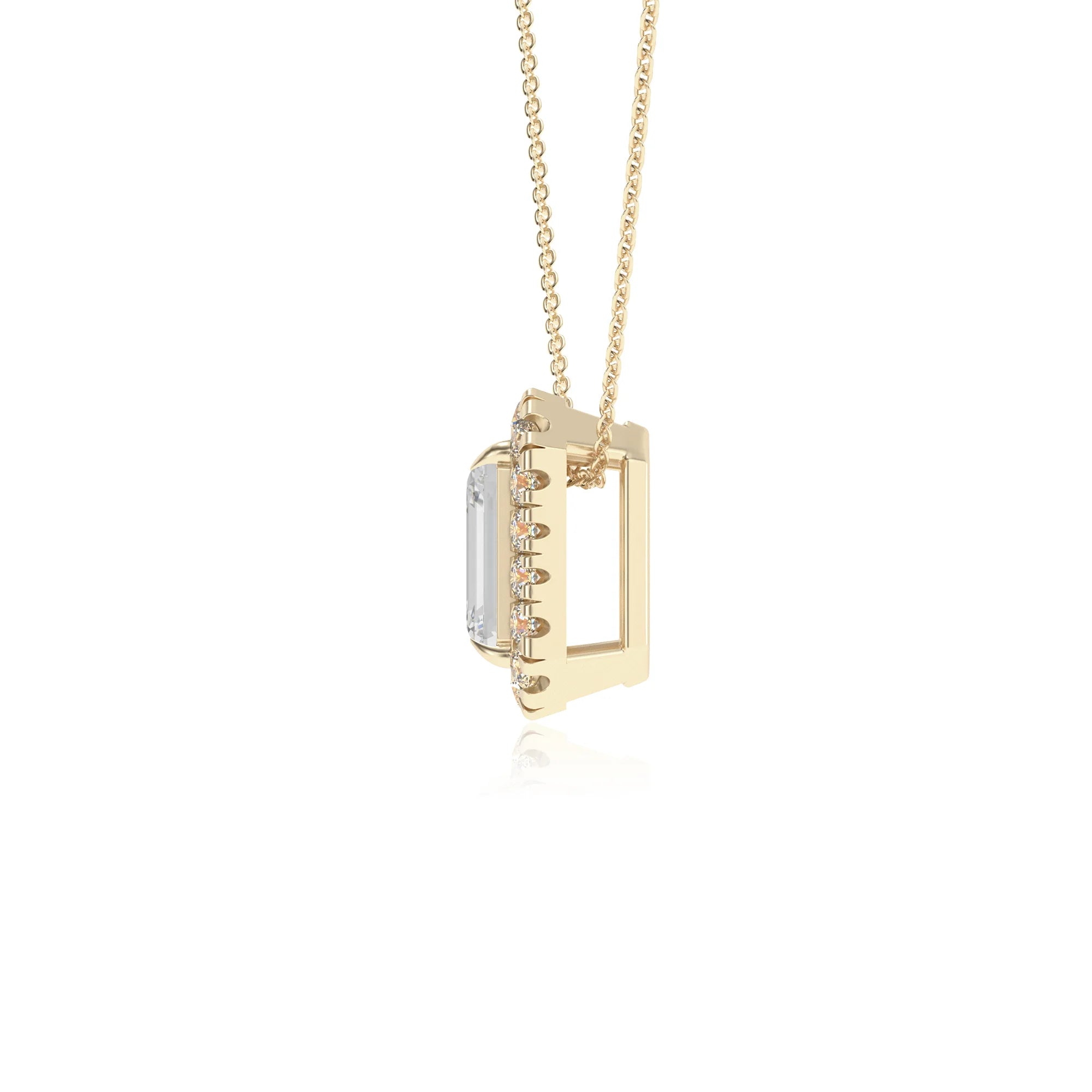 lab grown moissanite emerald cut solitaire necklaces in yellow gold 