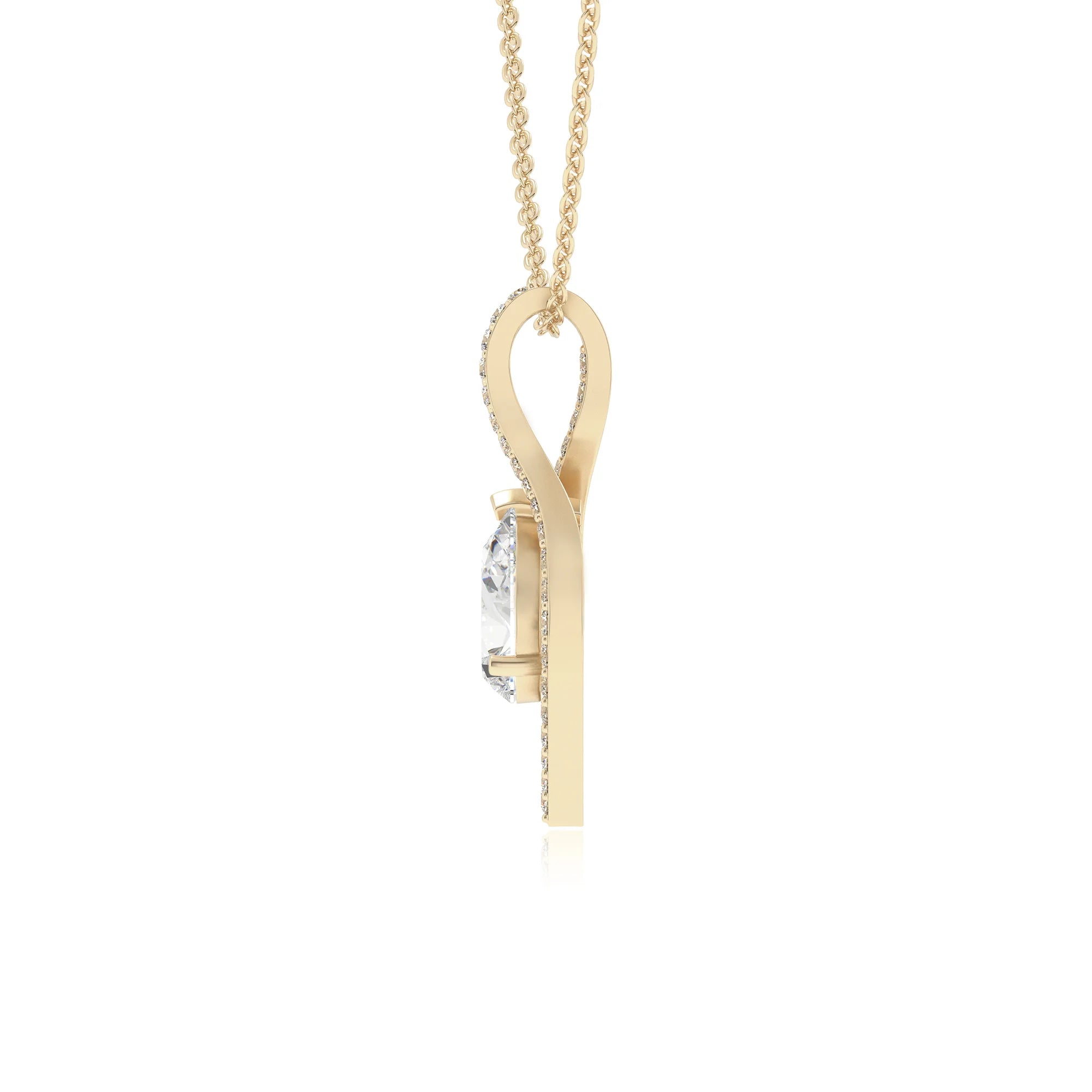 lab grown moissanite pear infinity necklaces in yellow gold 