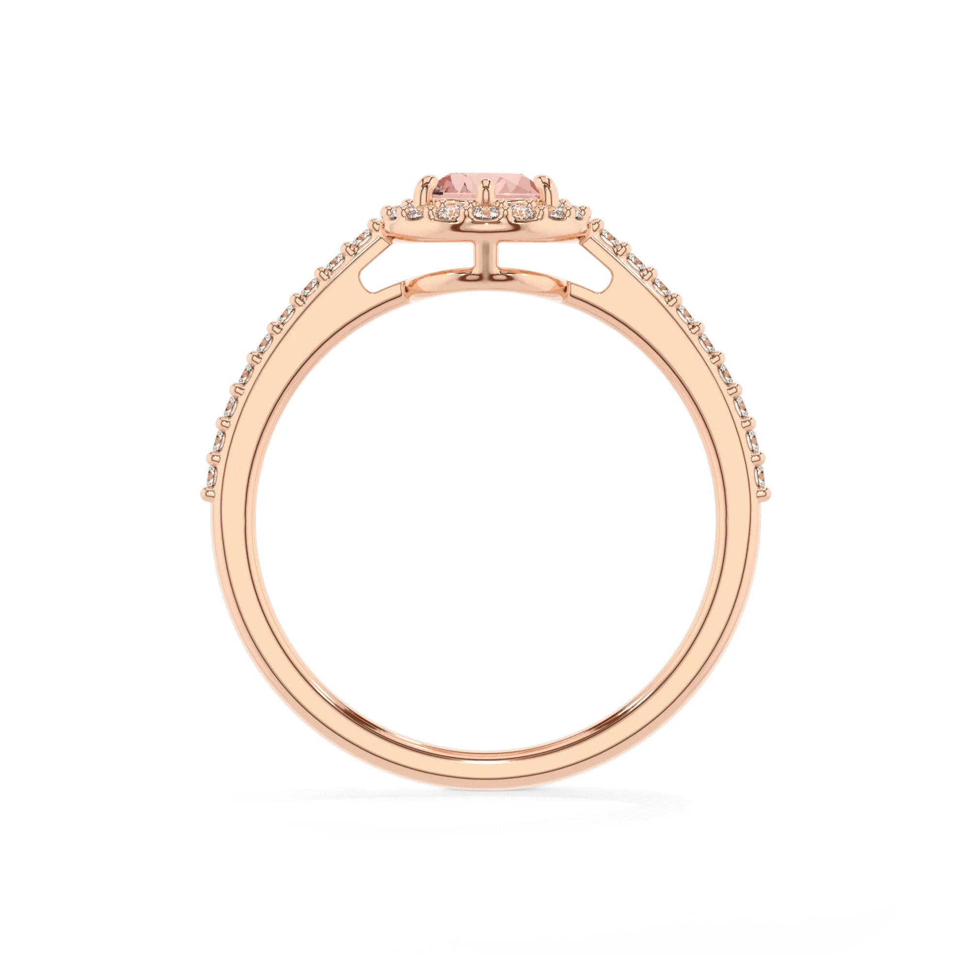 lab grown morganite pear solitaire rings in rose gold 