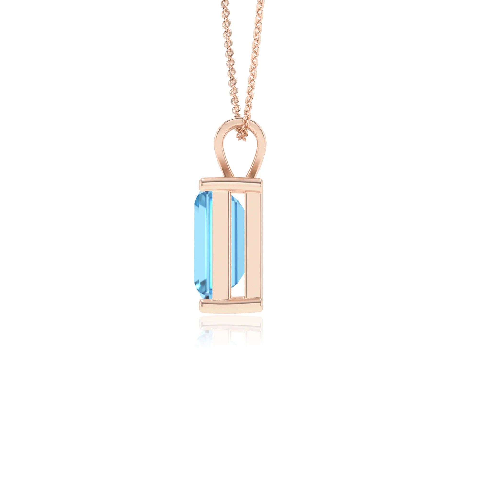 natural swiss-blue-topaz emerald cut solitaire v-bale necklaces in rose gold 