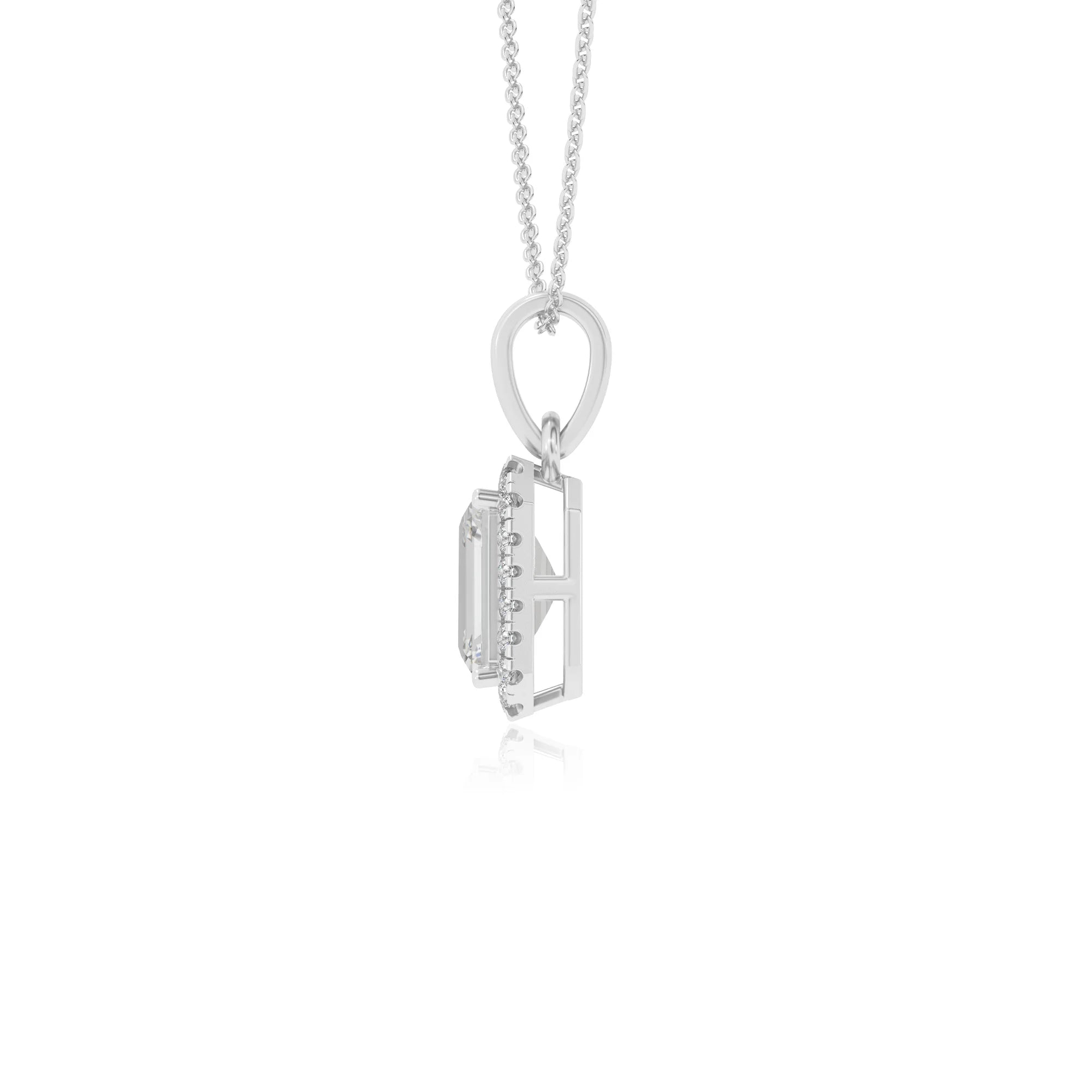lab grown moissanite emerald cut solitaire necklaces in white gold 