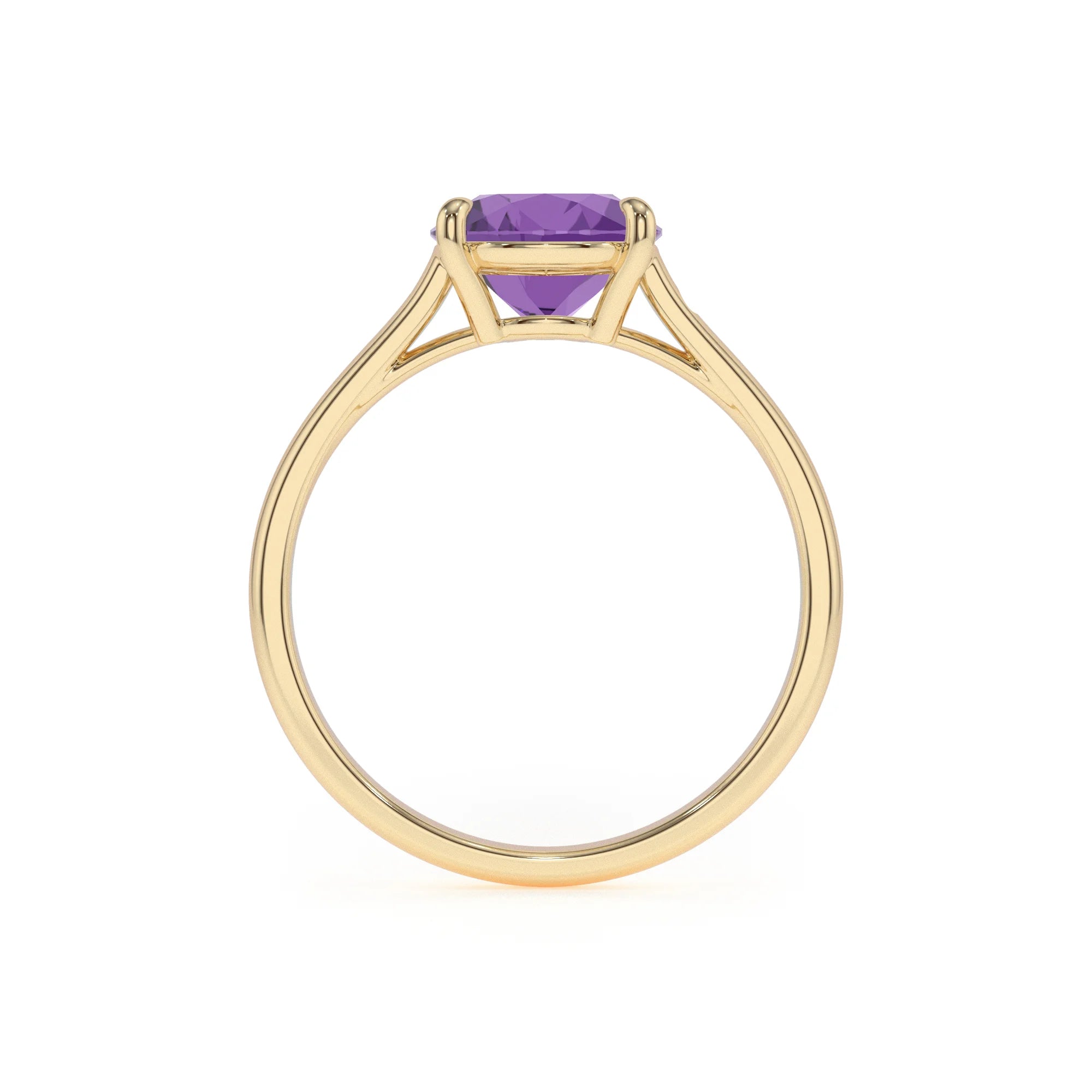 lab grown amethyst cushion solitaire rings in yellow gold 