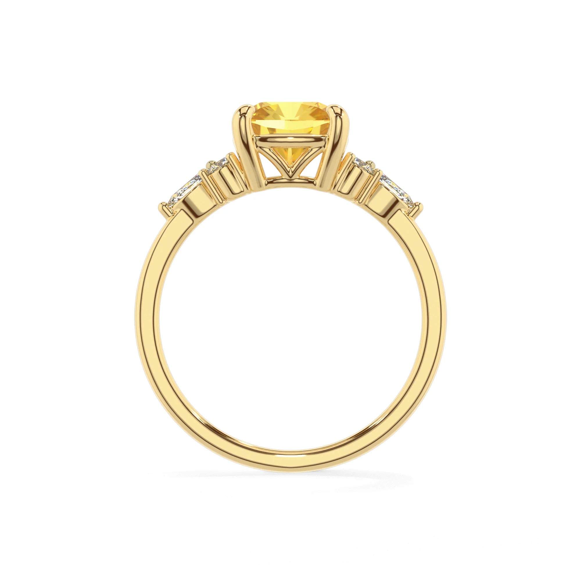 lab grown yellow-sapphire cushion solitaire rings in yellow gold 