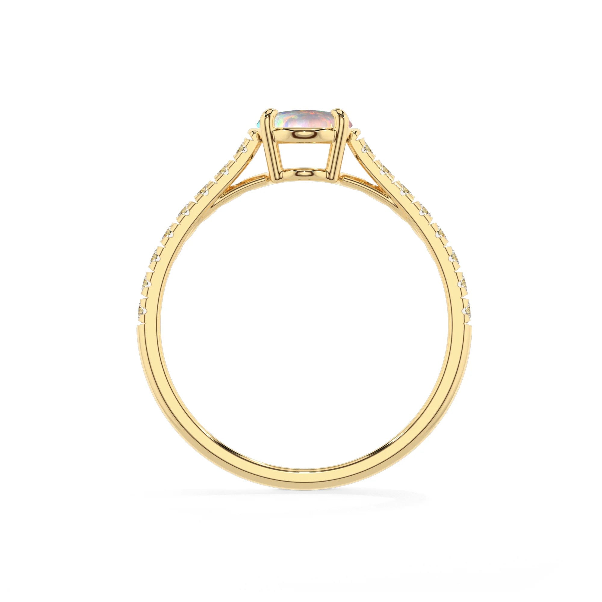 lab grown opal oval half eternity solitaire engagement rings in yellow gold 