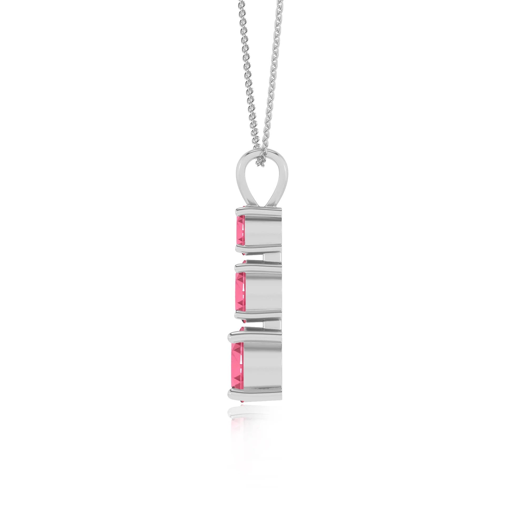 lab grown pink-tourmaline round bar v-bale necklaces in white gold 