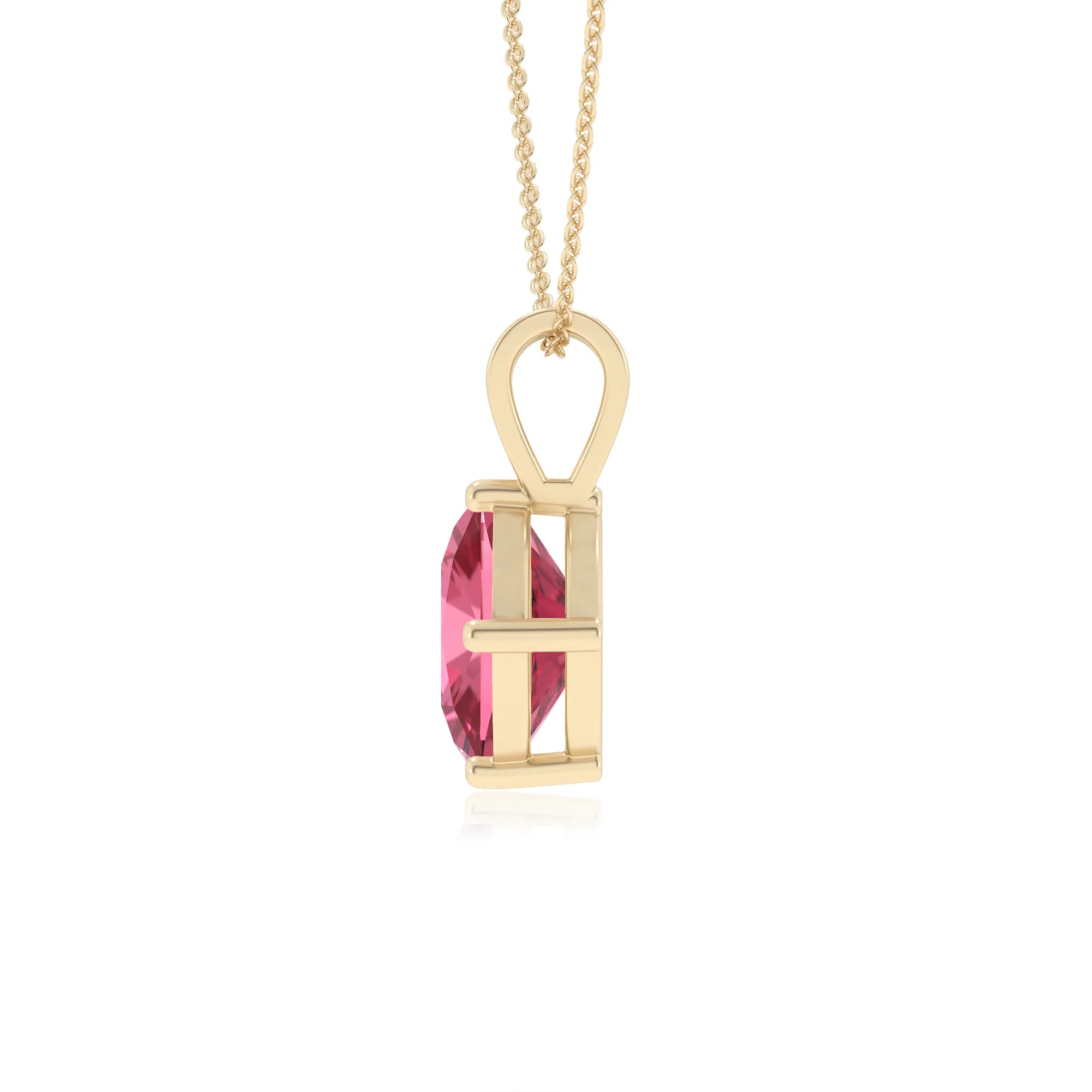 lab grown pink-tourmaline cushion solitaire v-bale necklaces in yellow gold 