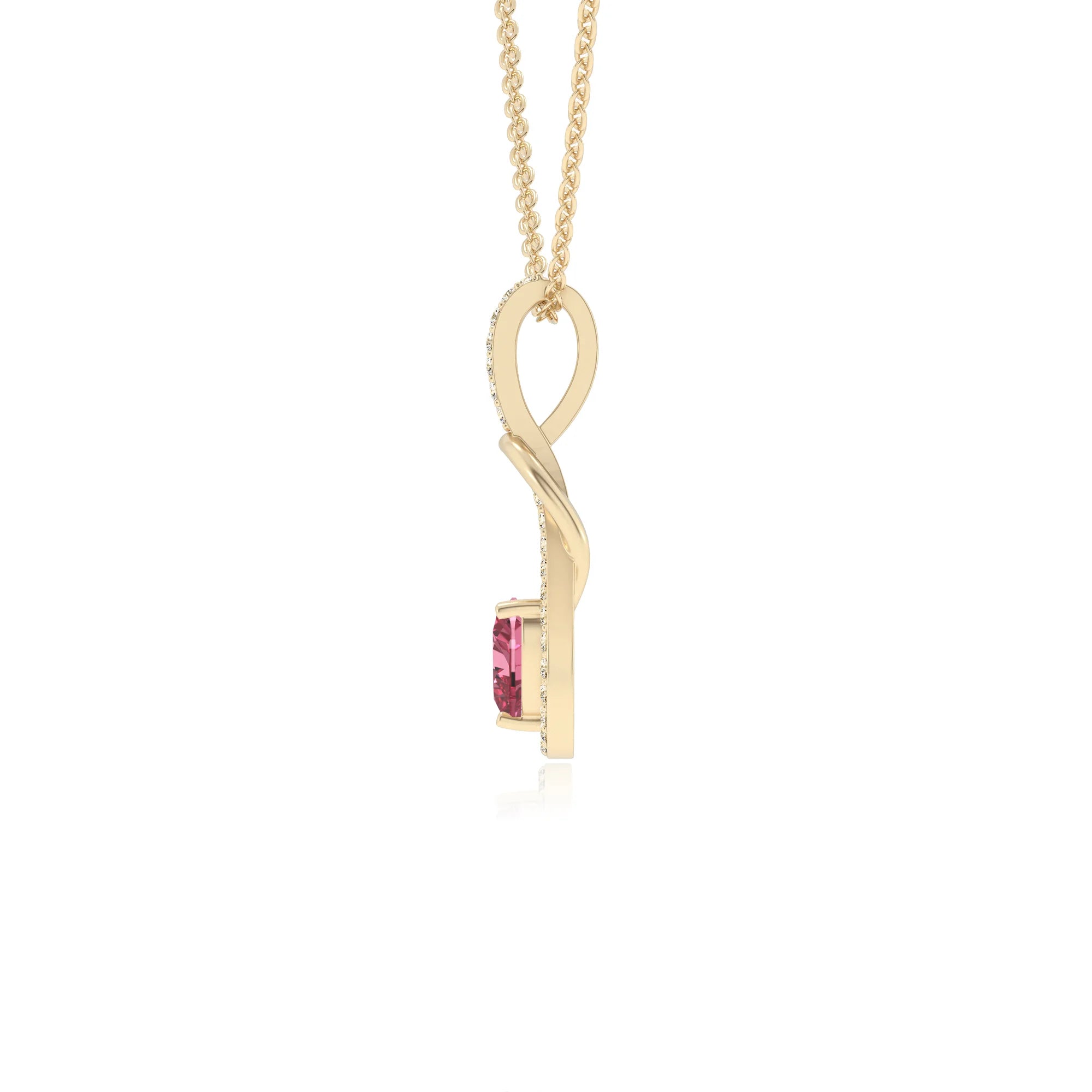 lab grown pink-tourmaline heart infinity  v-bale necklaces in yellow gold 