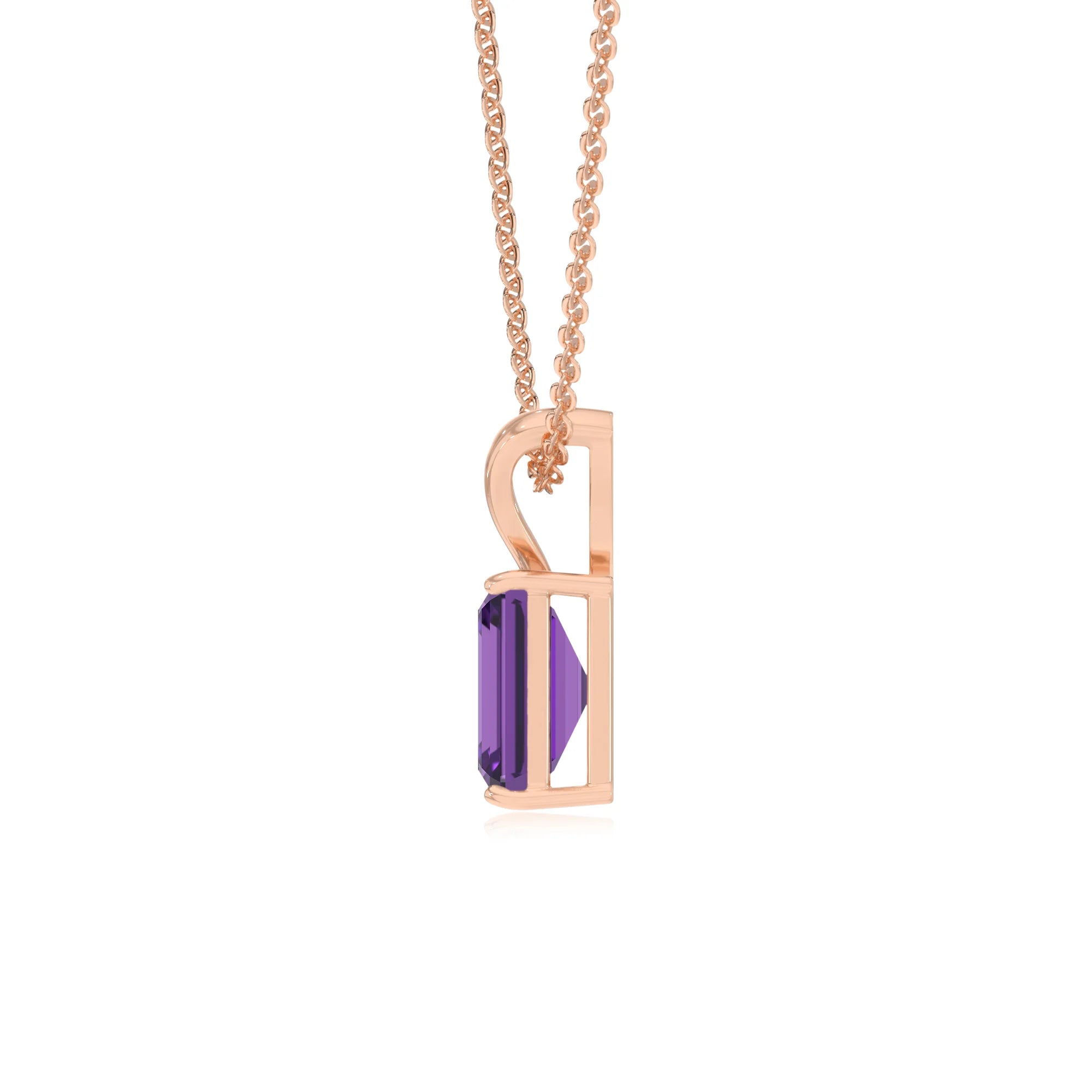 lab grown amethyst emerald cut solitaire v-bale necklaces in rose gold 