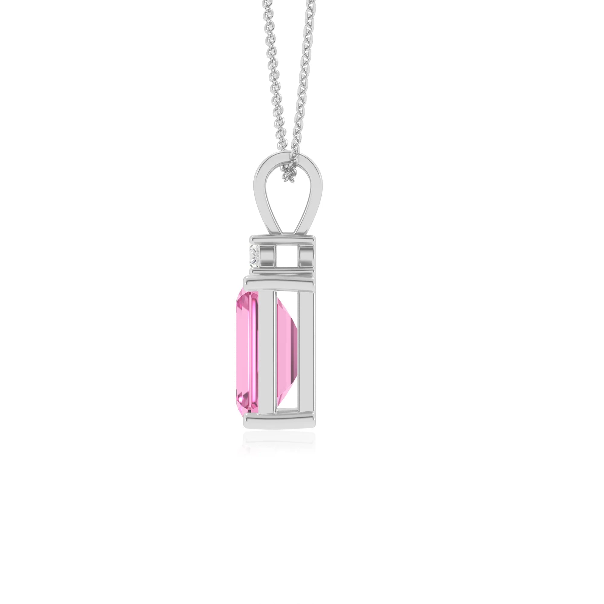 lab grown pink-sapphire emerald cut solitaire v-bale necklaces in white gold 