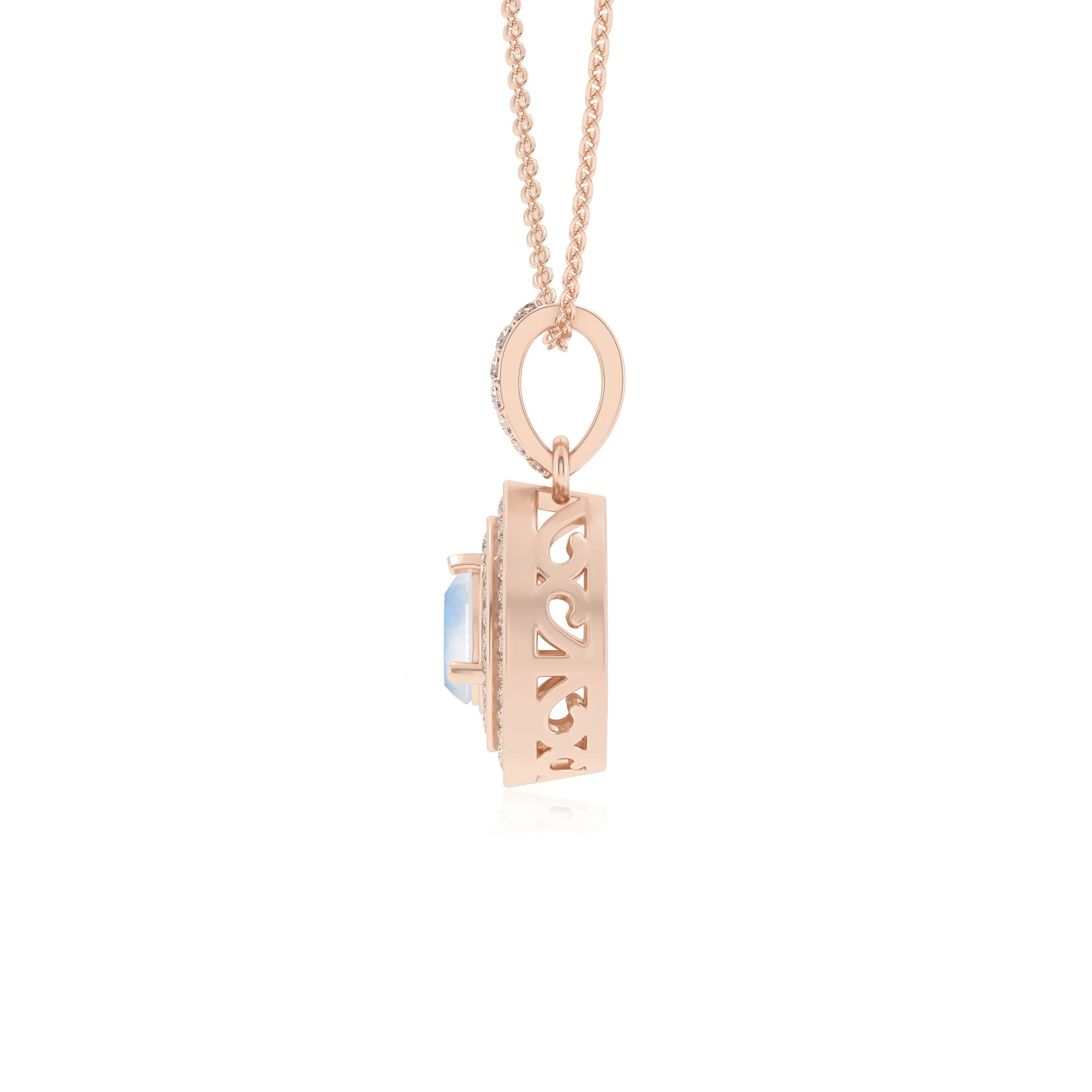 natural rainbow-moonstone pear halo necklaces in rose gold 