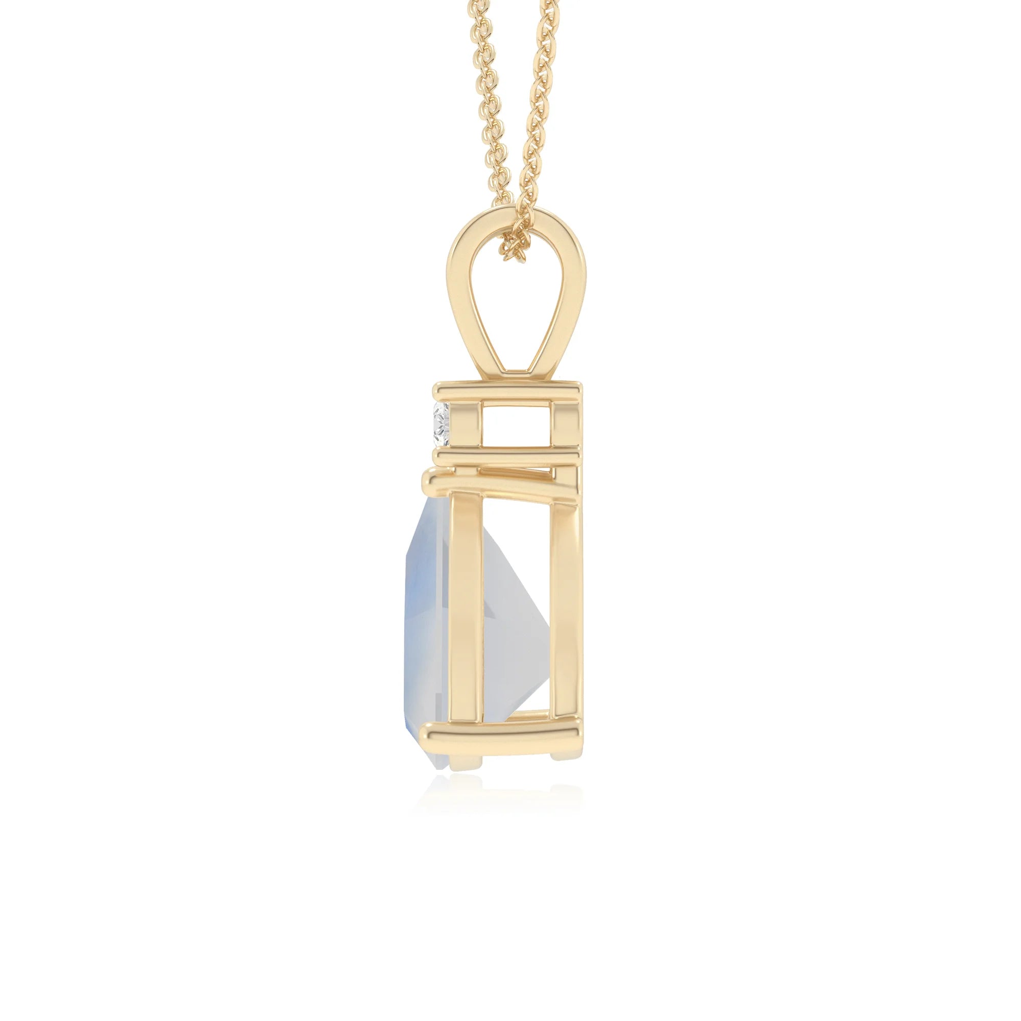 natural rainbow-moonstone trillion solitaire v-bale necklaces in yellow gold 
