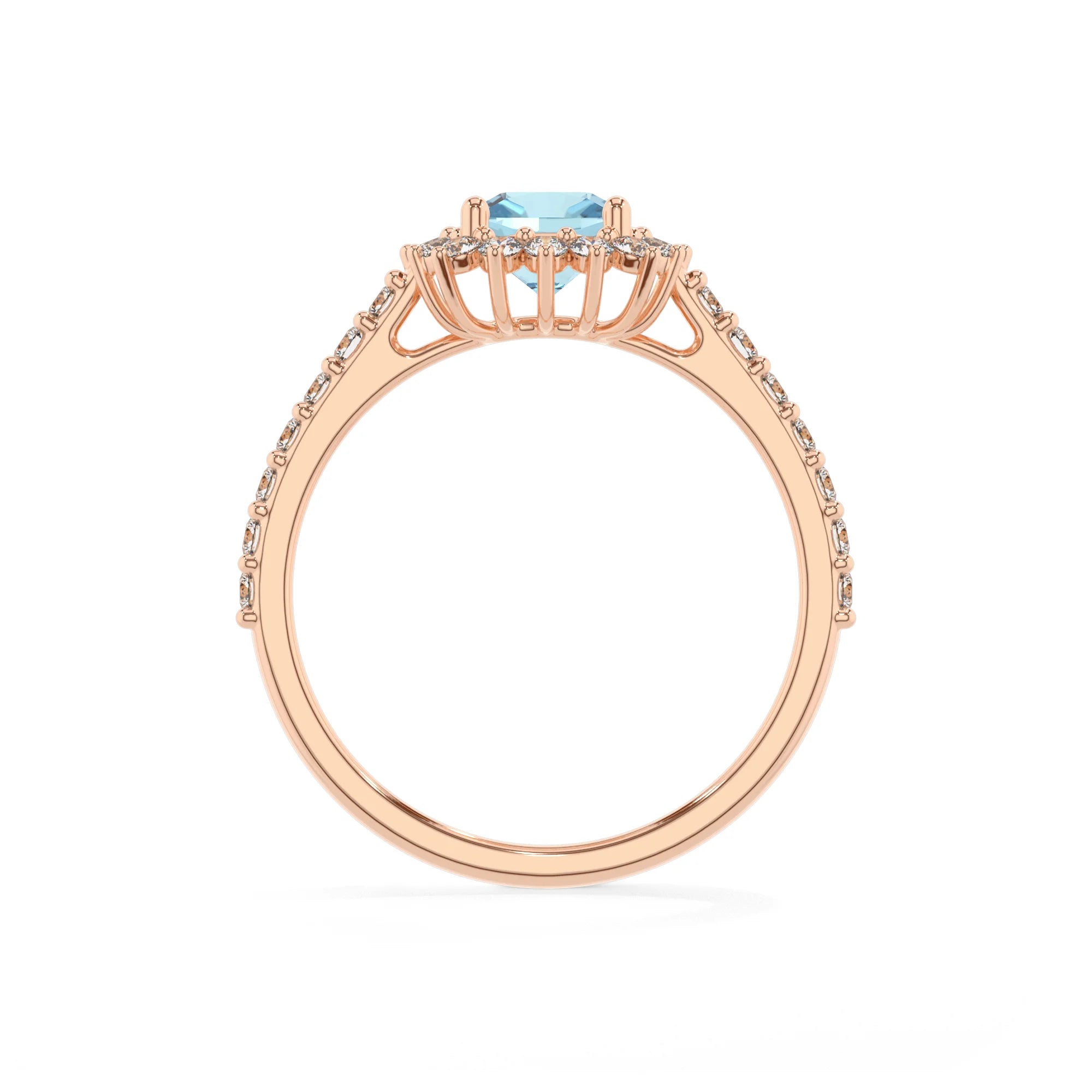 lab grown aquamarine cushion solitaire rings in rose gold 