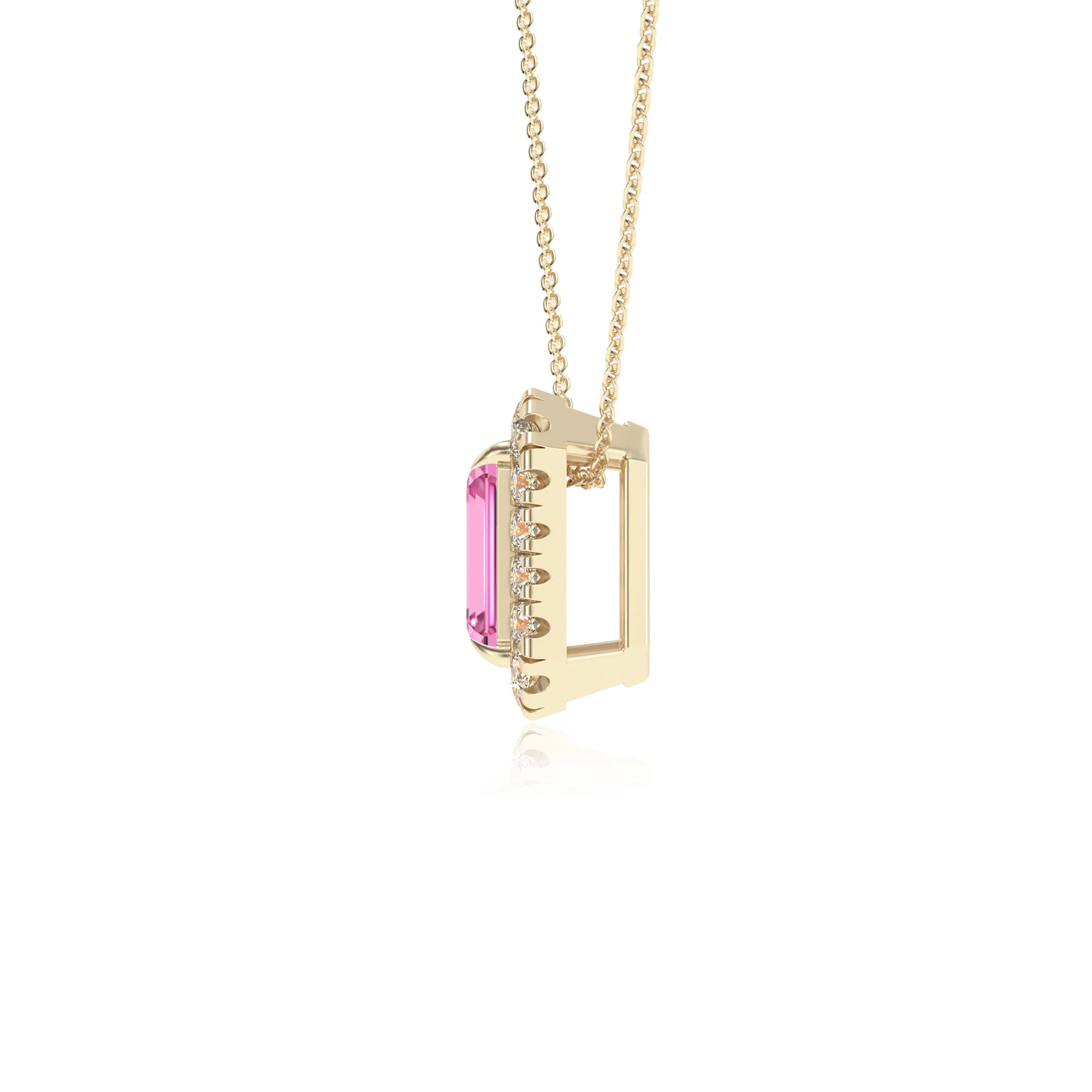 lab grown pink sapphire emerald cut solitaire necklaces in yellow gold 