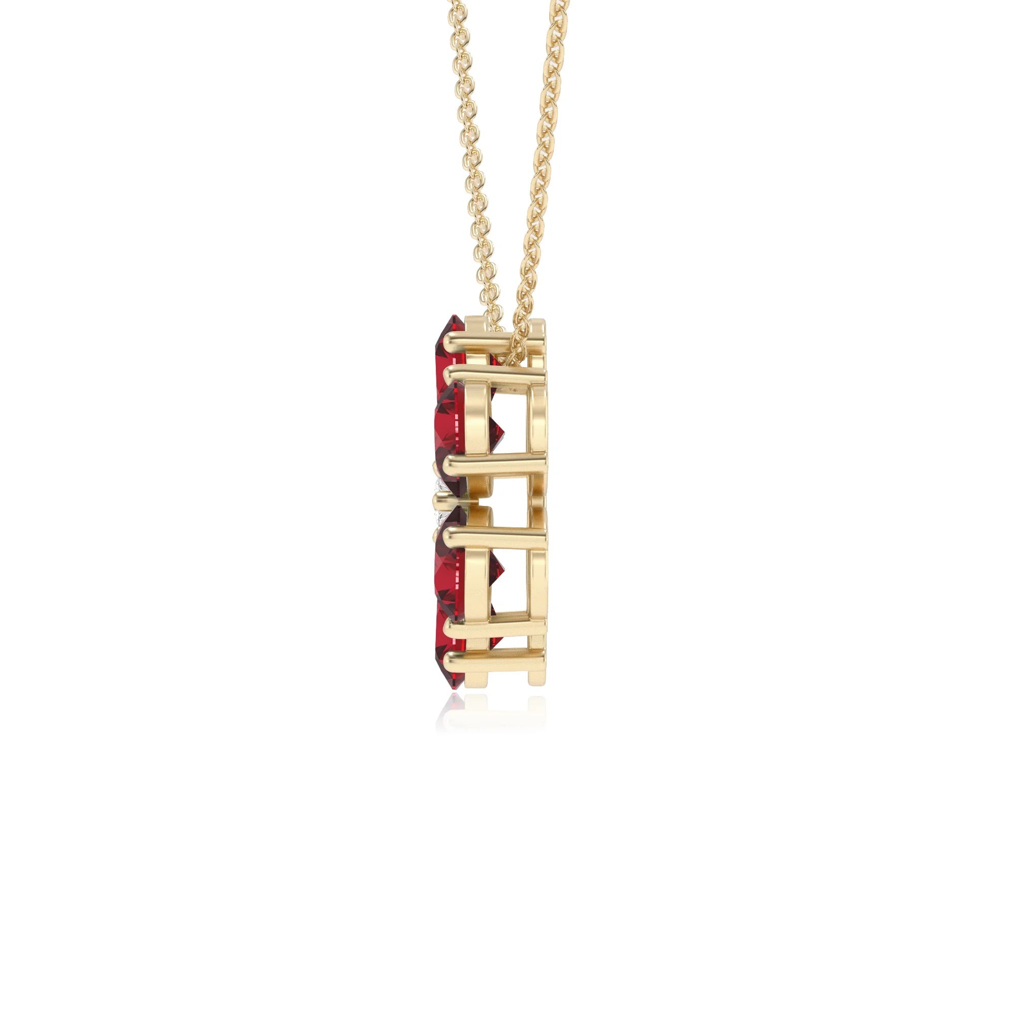 lab grown ruby pear solitaire necklaces in yellow gold 