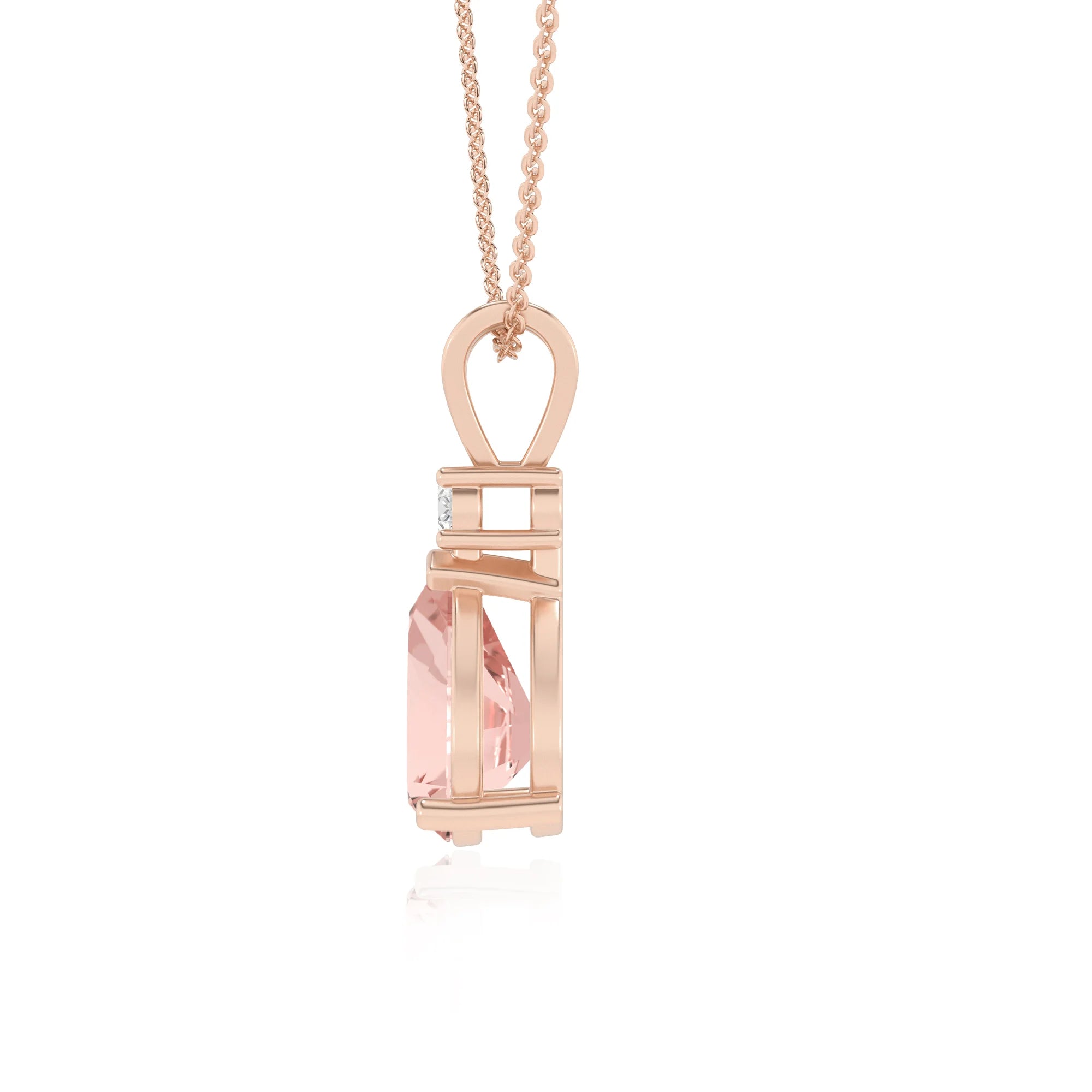 lab grown morganite pear solitaire v-bale necklaces in rose gold 