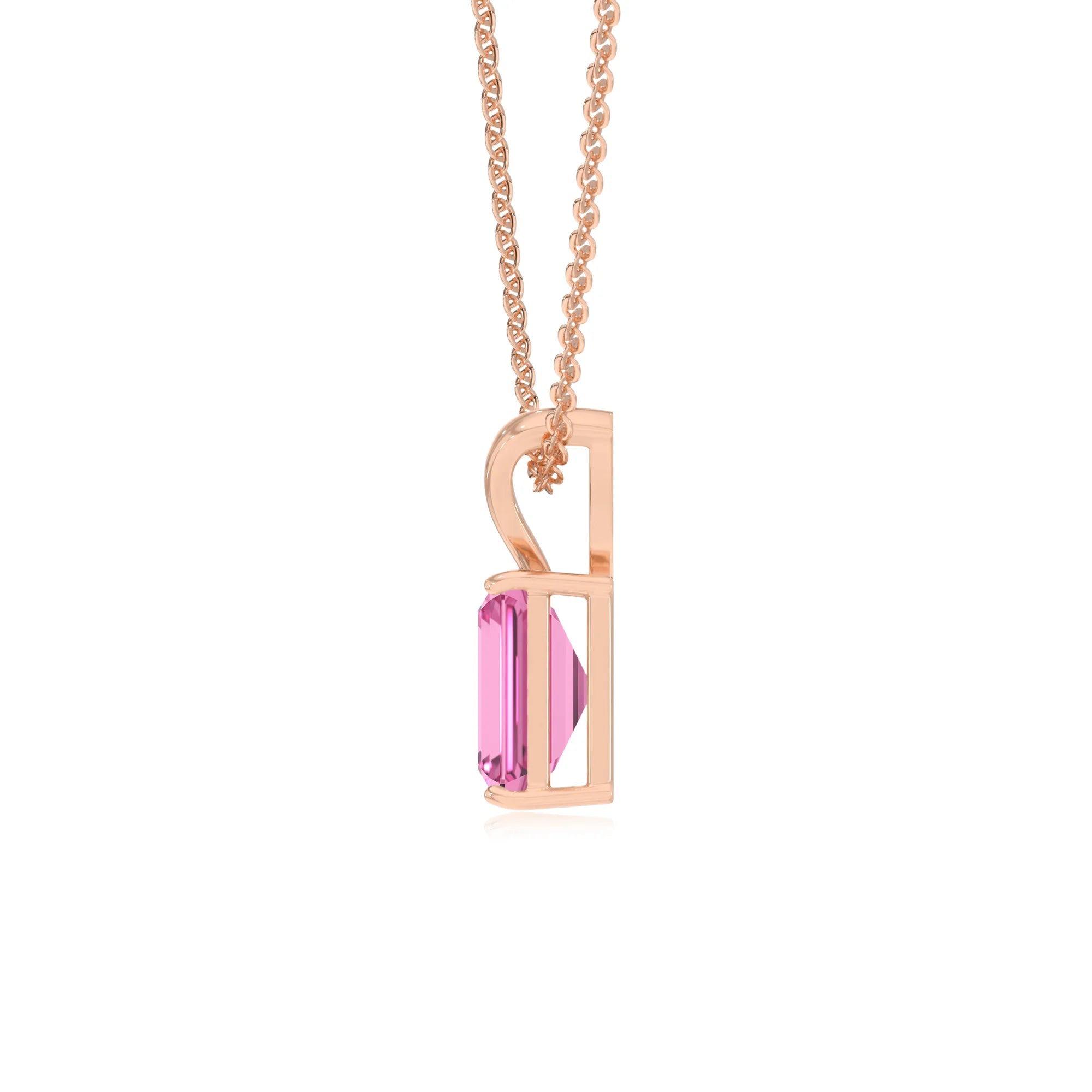 lab grown pink-sapphire emerald cut solitaire v-bale necklaces in rose gold 