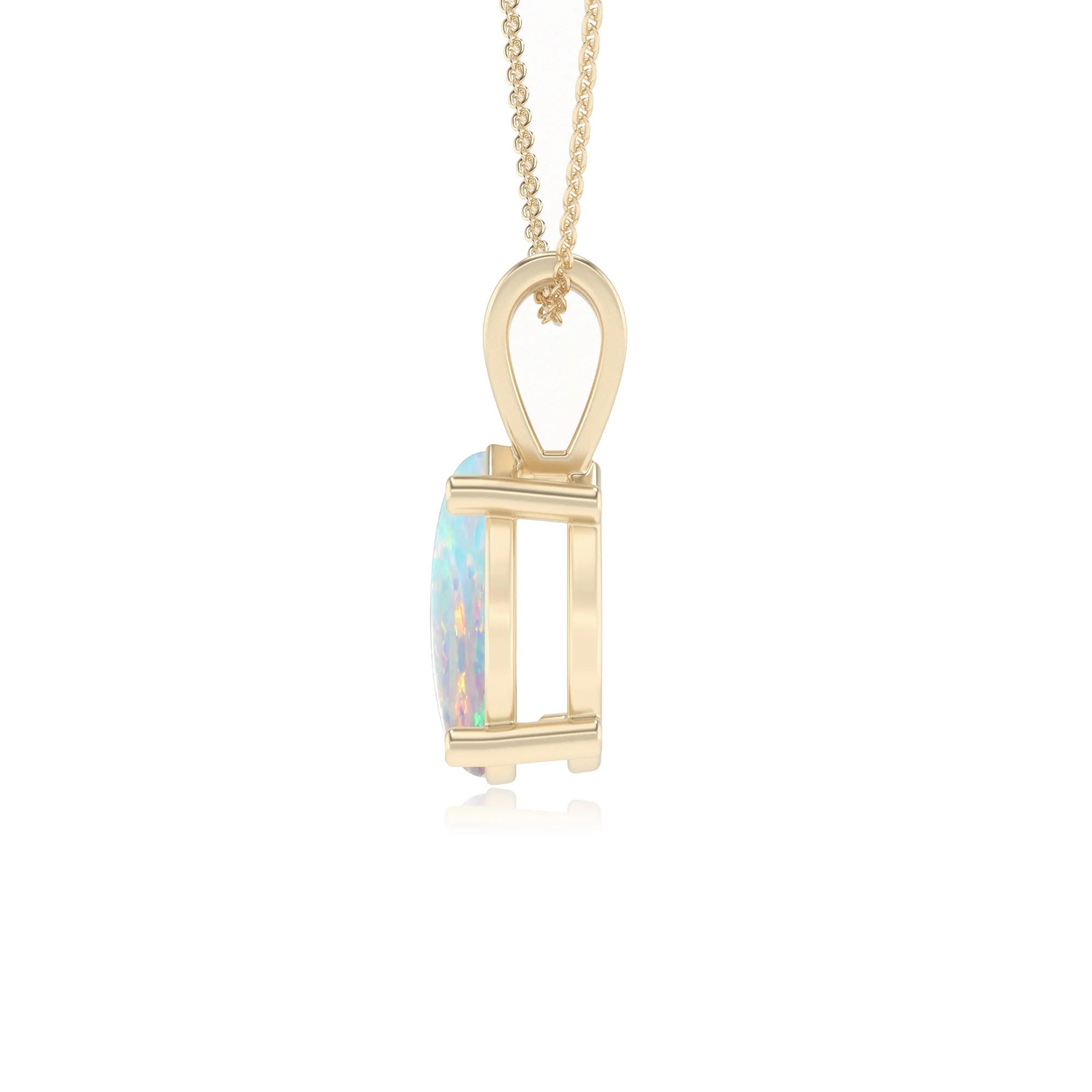 lab grown opal pear solitaire v-bale necklaces in yellow gold 