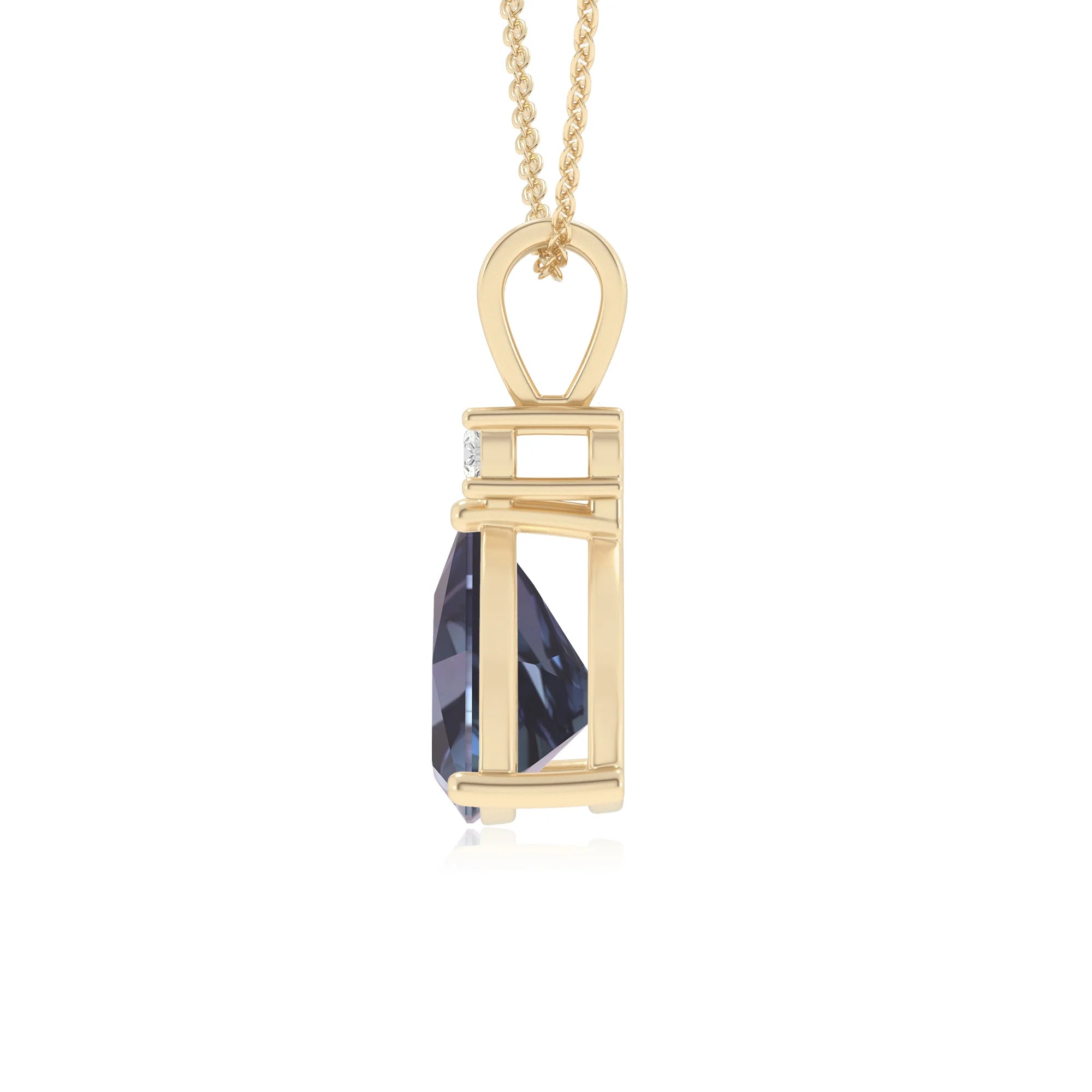 lab grown alexandrite trillion solitaire v-bale necklaces in yellow gold 