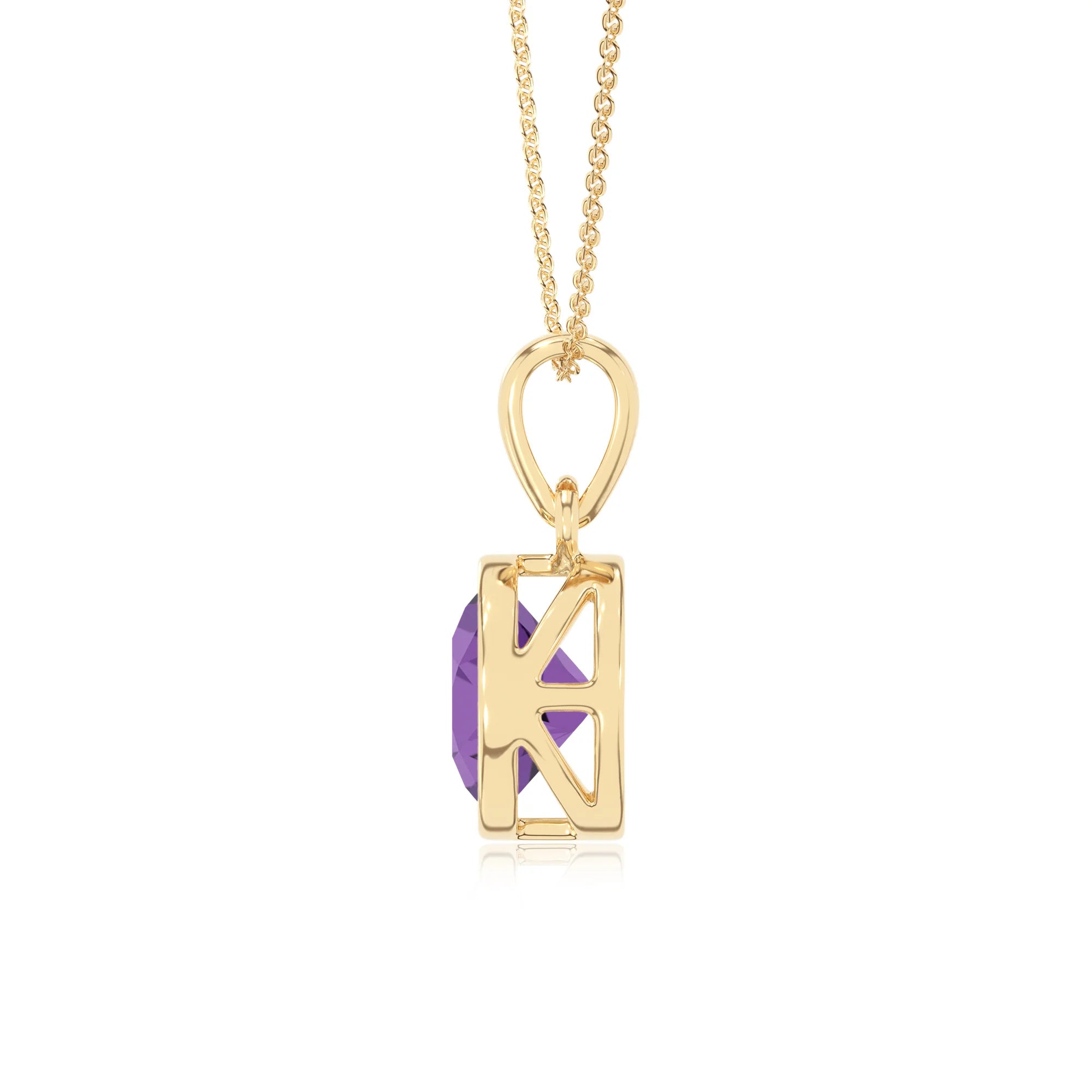 lab grown amethyst round solitaire necklaces in yellow gold 