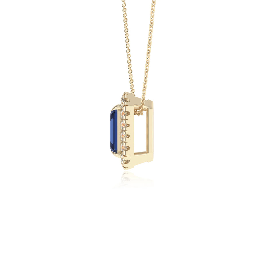 lab grown blue sapphire emerald cut solitaire necklaces in yellow gold 