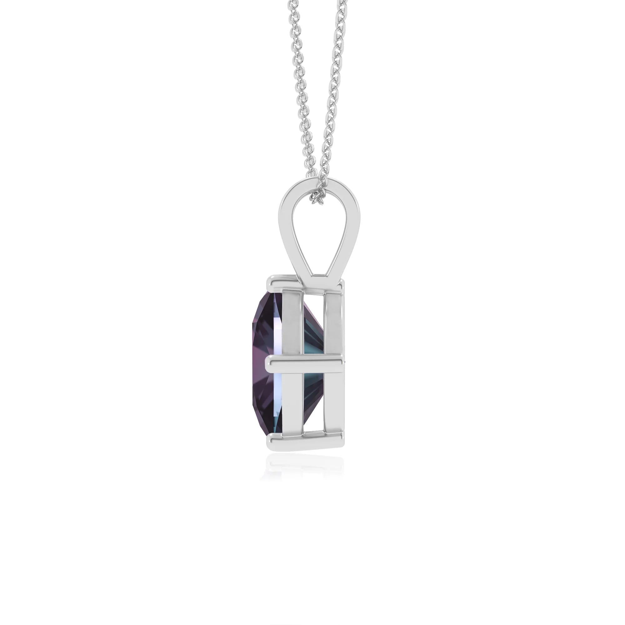lab grown alexandrite cushion solitaire v-bale necklaces in white gold 