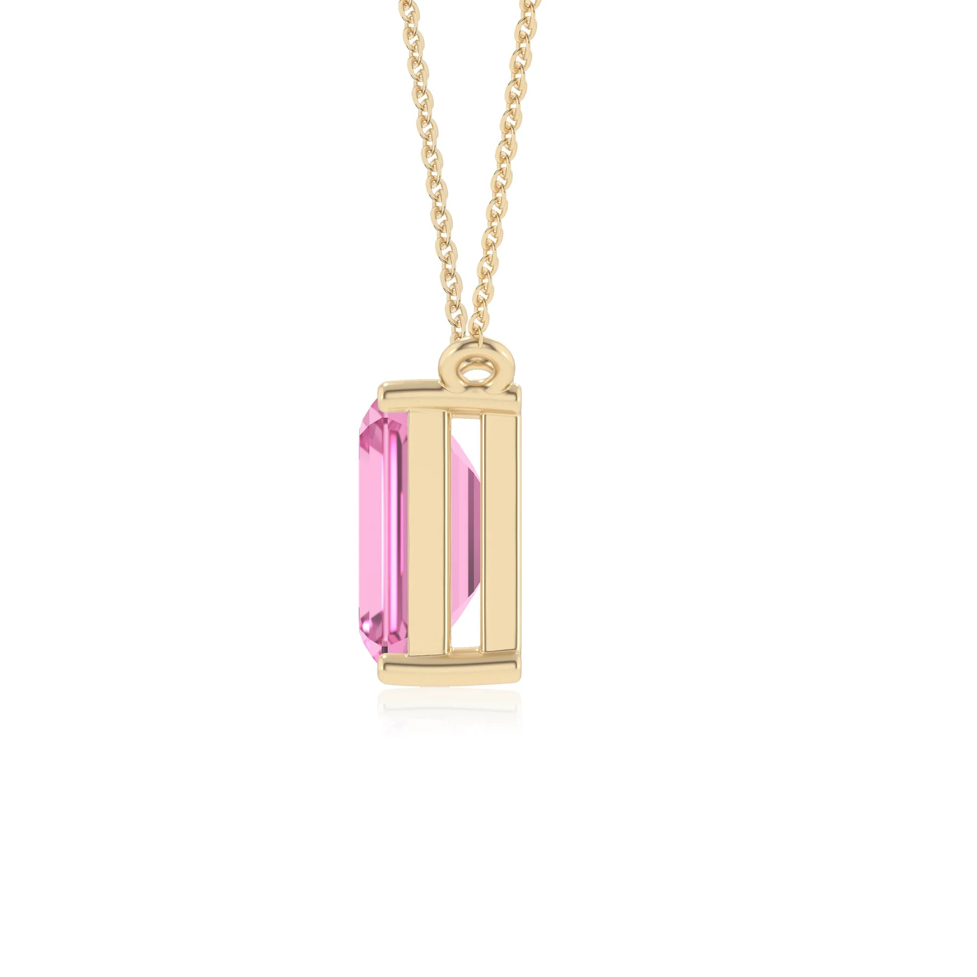 lab grown pink-sapphire emerald cut solitaire necklaces in yellow gold 