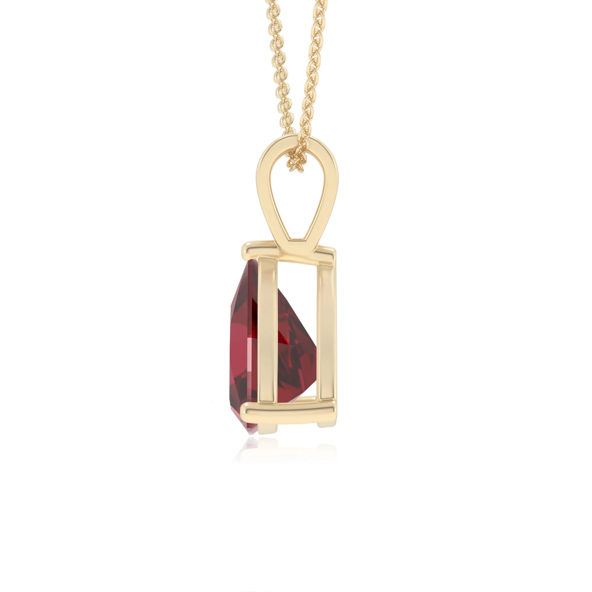 lab grown ruby trillion solitaire v-bale necklaces in yellow gold 