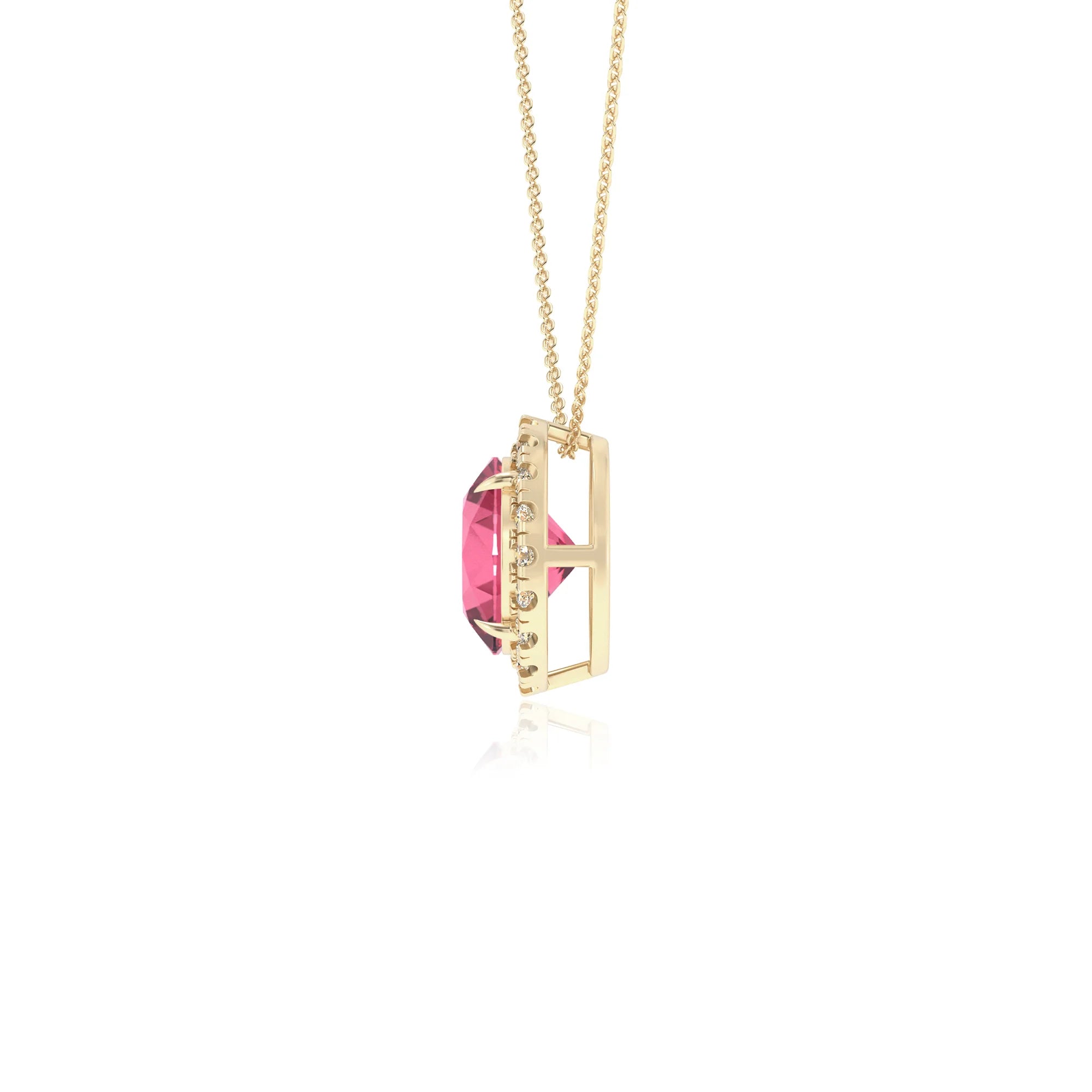 lab grown pink tourmaline round solitaire necklaces in yellow gold 