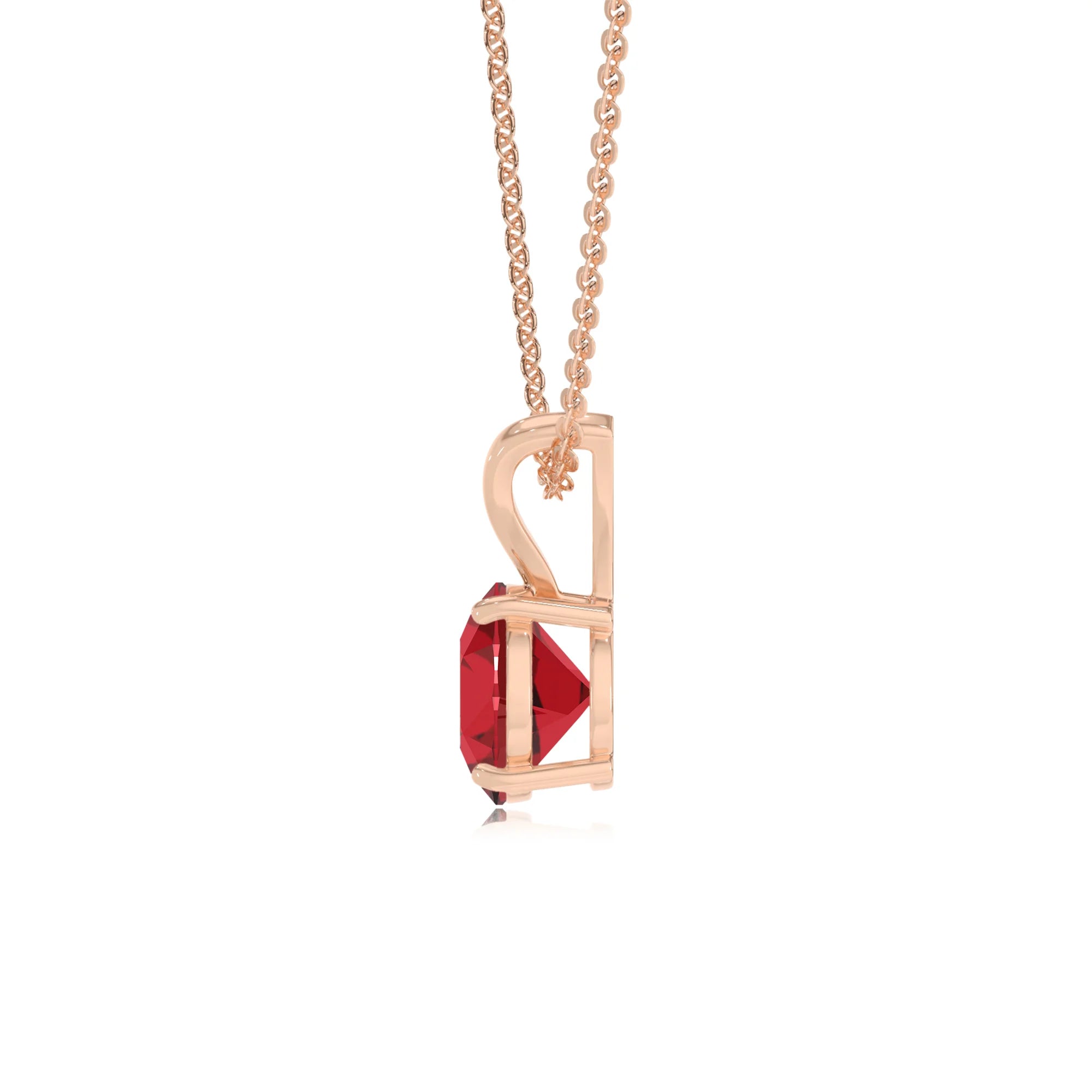 lab grown ruby round solitaire v-bale necklaces in rose gold 