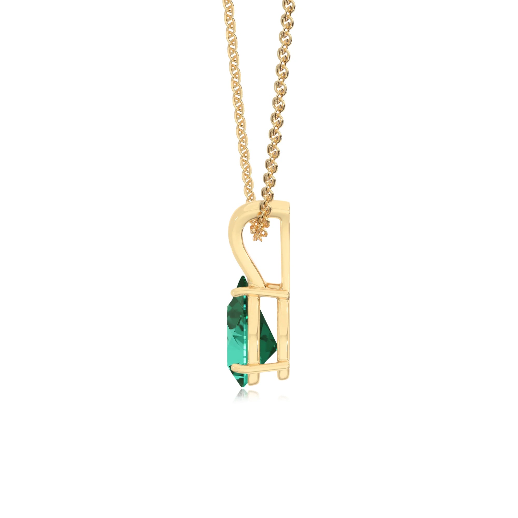 lab grown emerald pear solitaire v-bale necklaces in yellow gold 