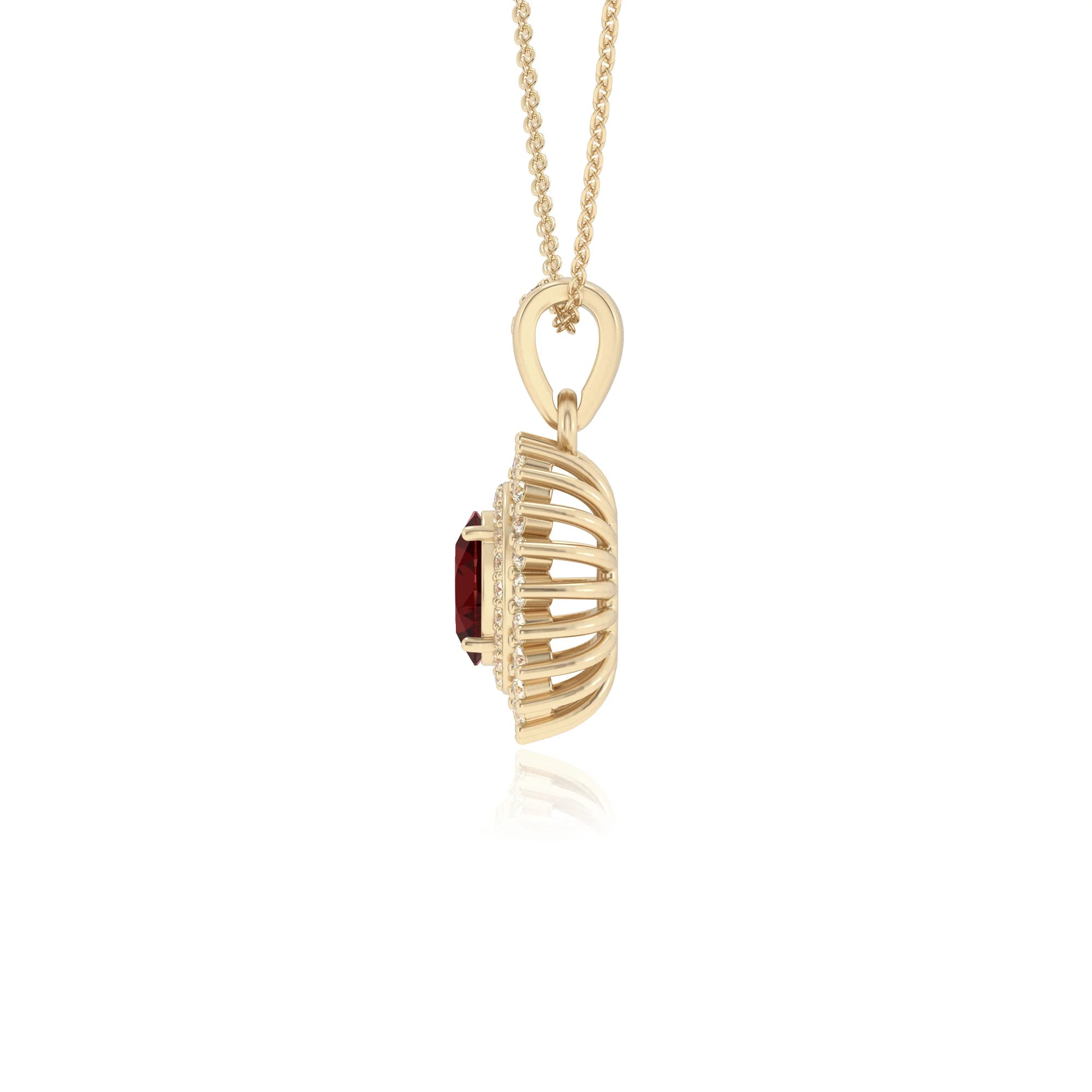 natural garnet oval halo necklaces in yellow gold 