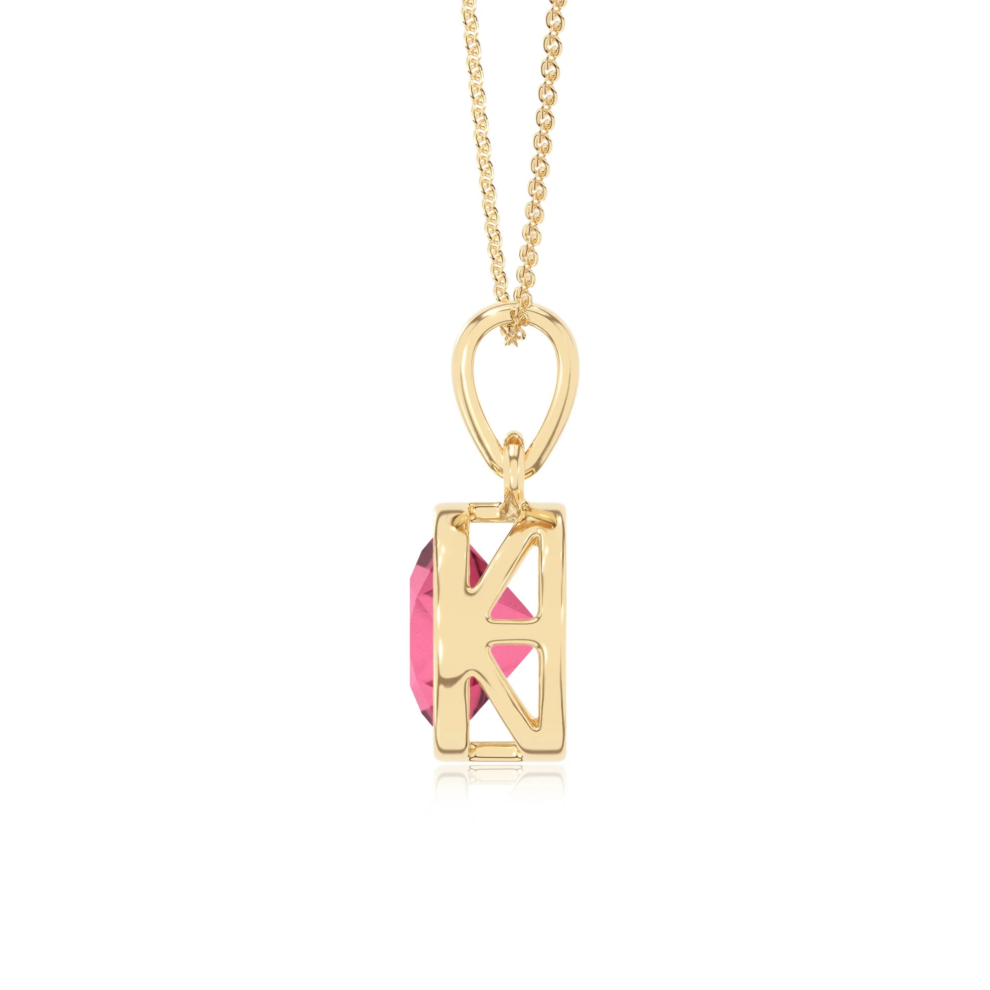 lab grown pink-tourmaline round solitaire necklaces in yellow gold 