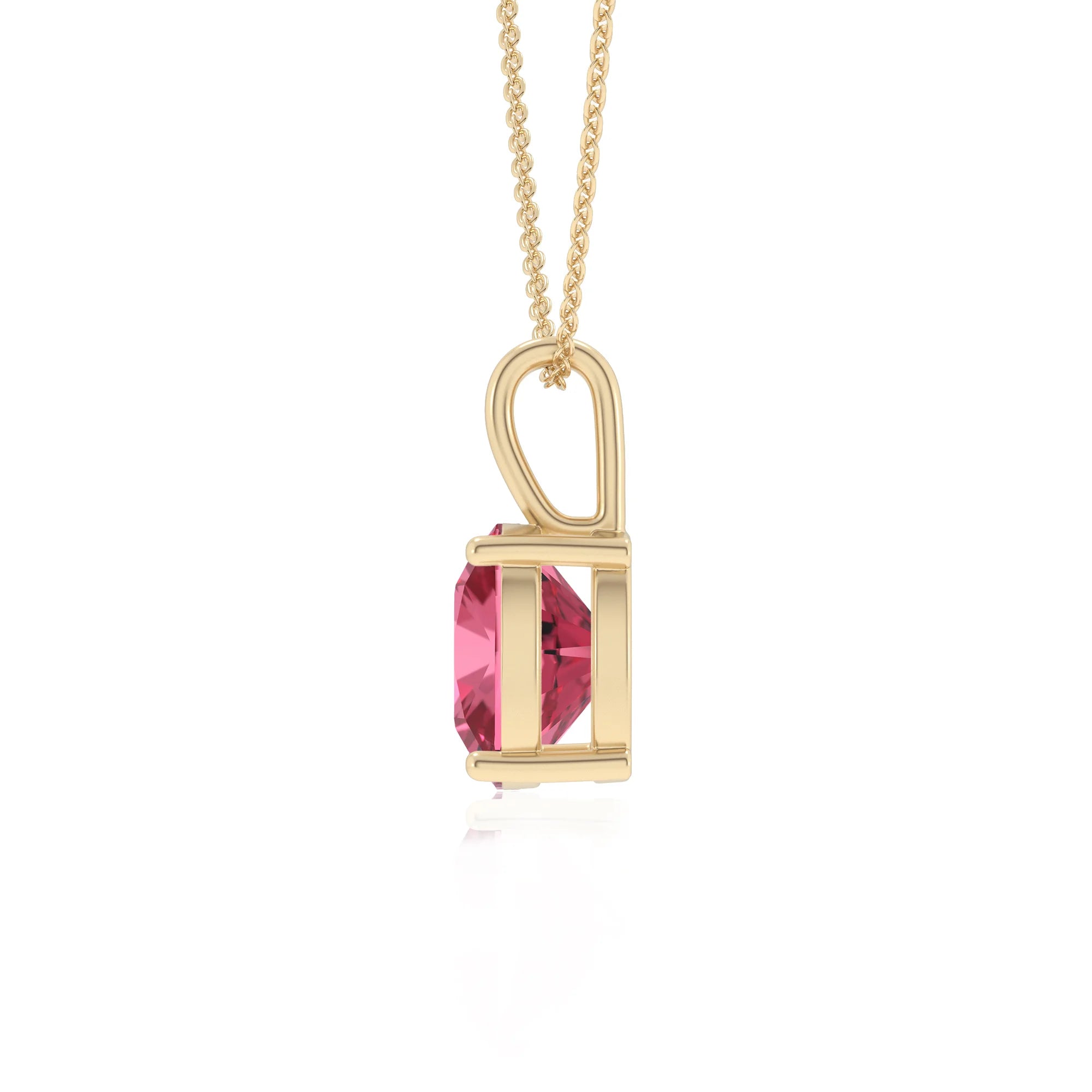 lab grown pink-tourmaline cushion solitaire necklaces in yellow gold 