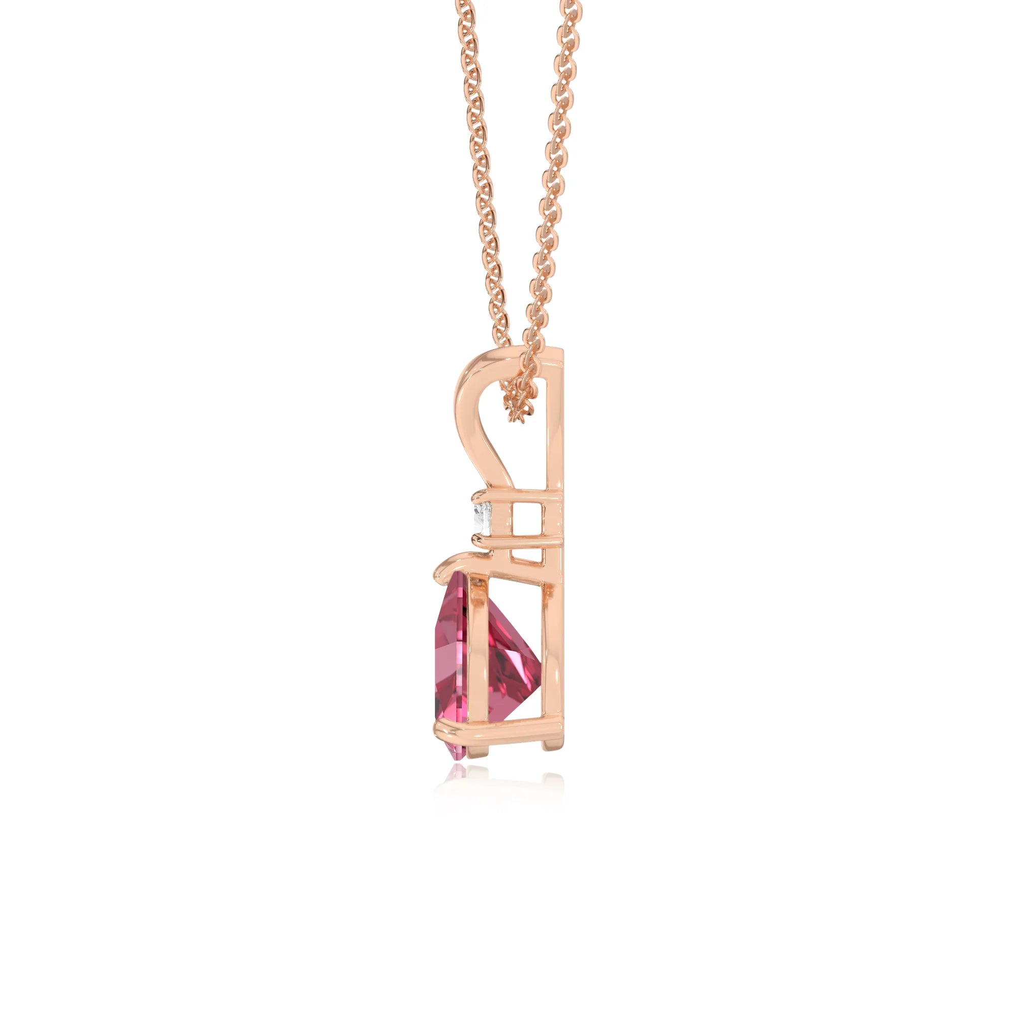 lab grown pink-tourmaline trillion solitaire v-bale necklaces in rose gold 